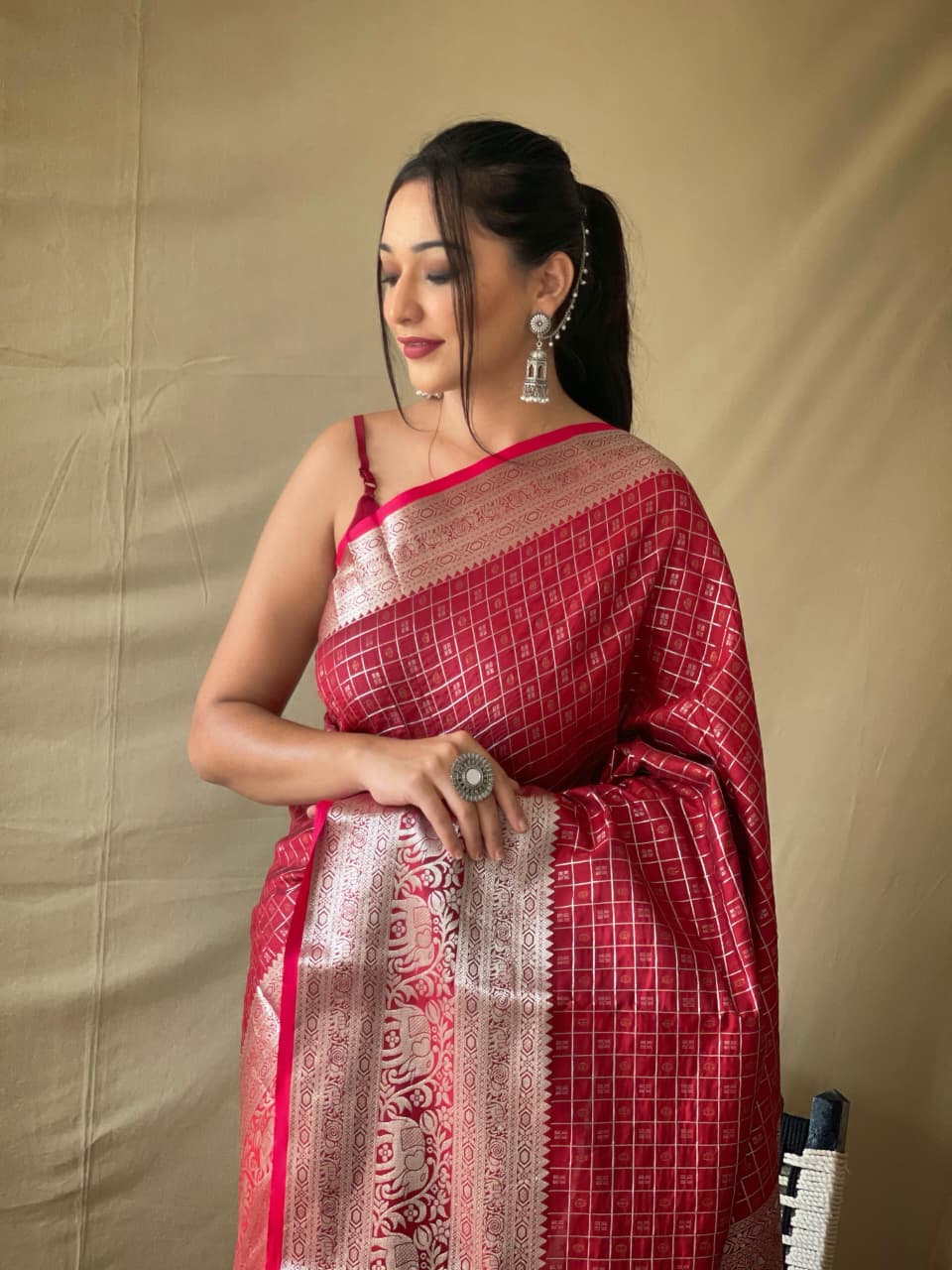 Royal Onyx (Crimson Red) Ready To Wear Pocket Saree