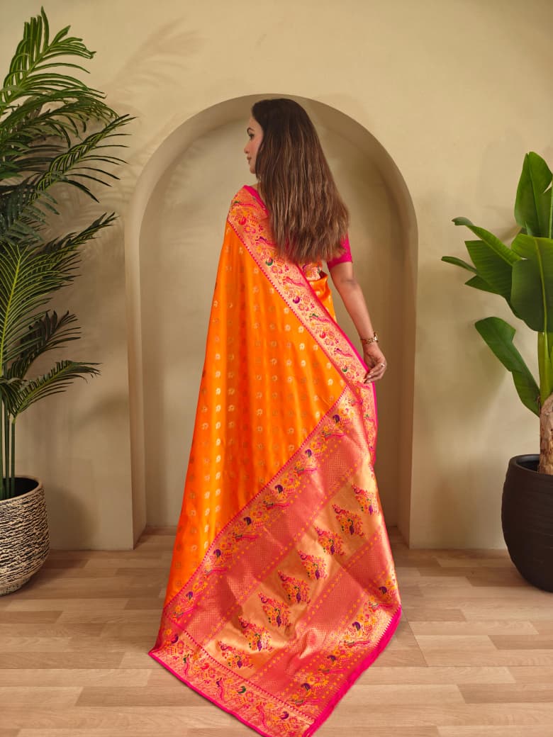 Vihangini Powerloom Paithani Silk (Orange) Ready To Wear Pocket Saree