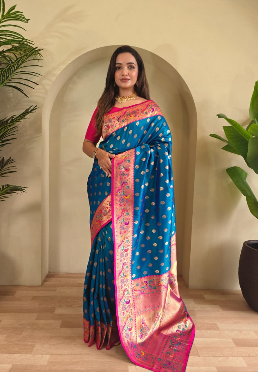 Vihangini Powerloom Paithani Silk (Blue) Ready To Wear Pocket Saree