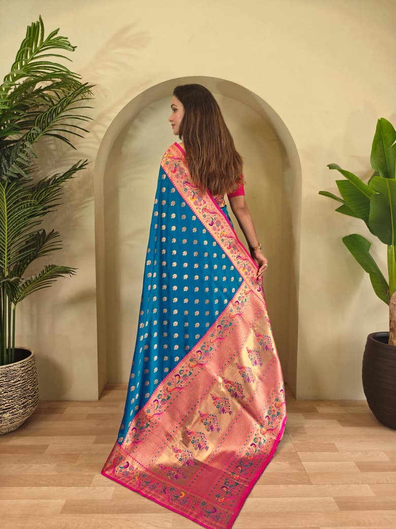 Vihangini Powerloom Paithani Silk (Blue) Ready To Wear Pocket Saree