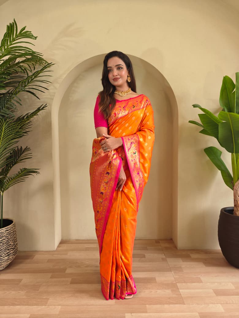 Vihangini Powerloom Paithani Silk (Orange) Ready To Wear Pocket Saree