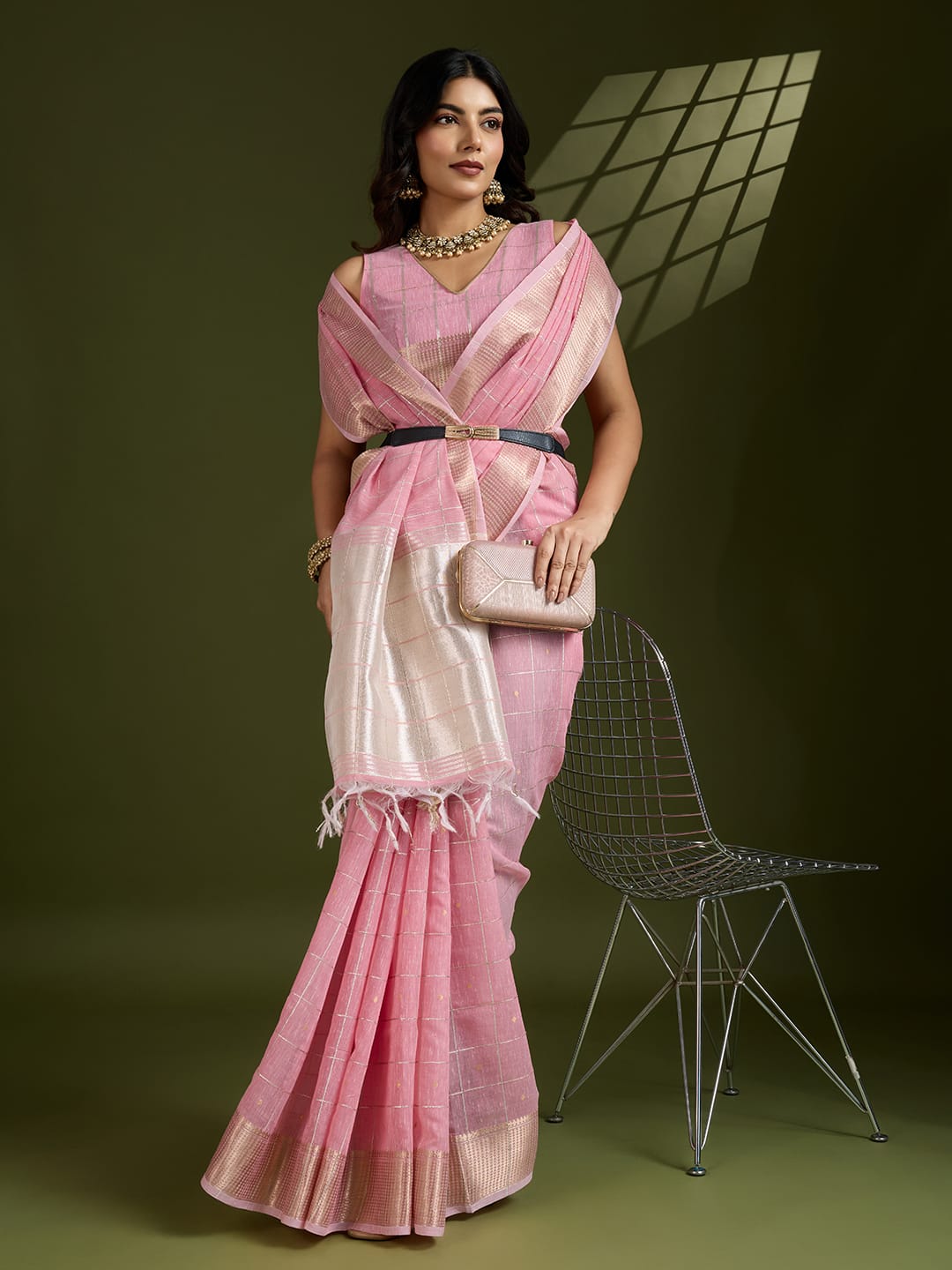 Shimmer Mist Tissue Linen Silk (Pink) Ready To Wear Pocket Saree