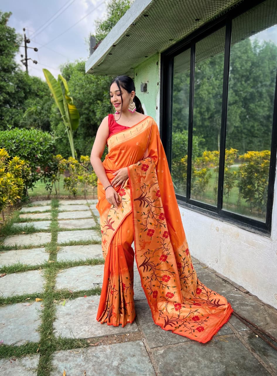 Shubh Shringar (Orange) Powerloom Paithani Silk Ready-To-Wear Pocket Saree