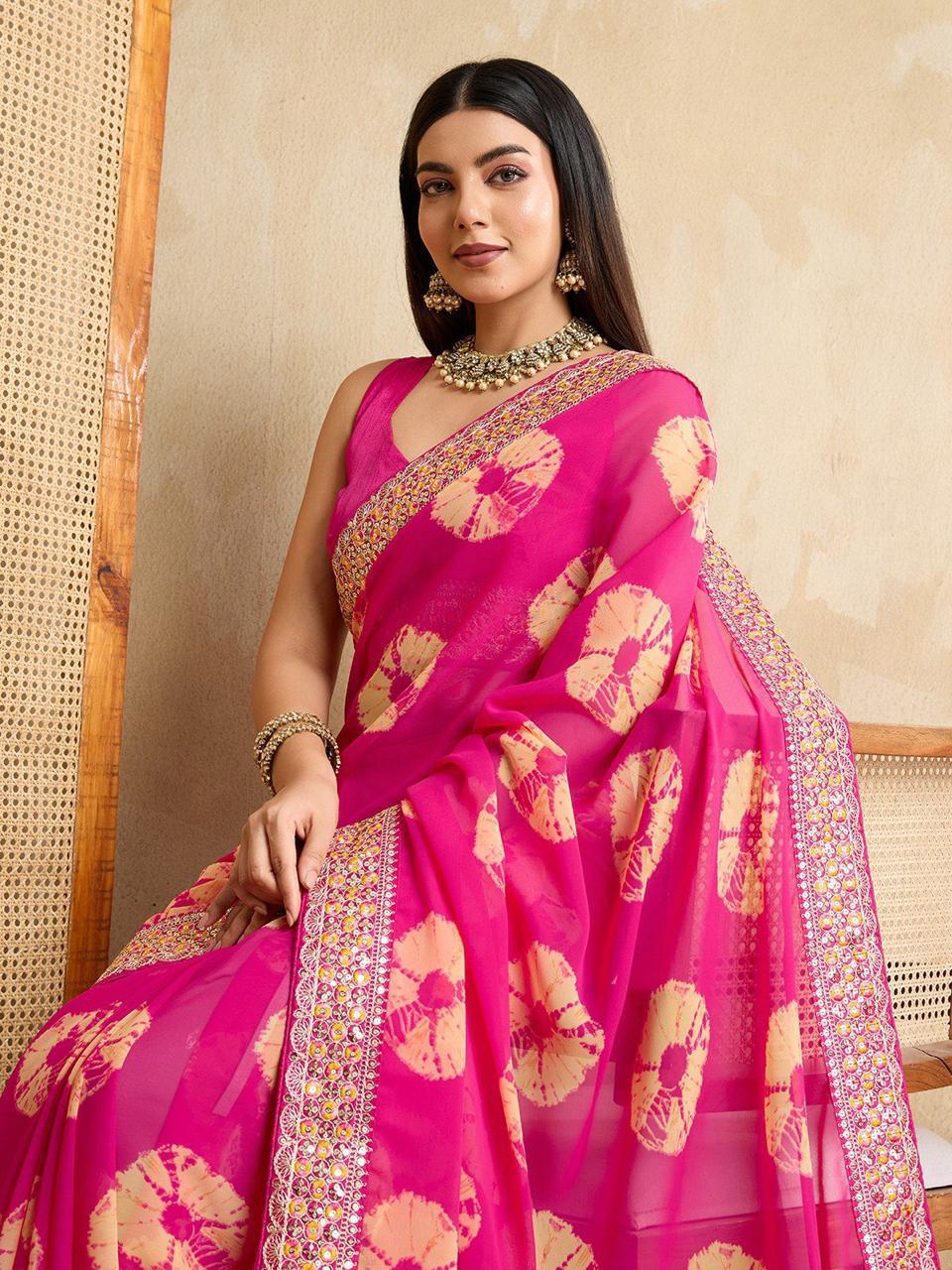 Georgette Bandhej (Pink) Ready To Wear Pocket Saree