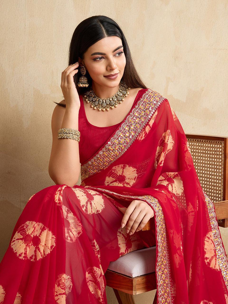 Georgette Bandhej (Red) Ready To Wear Pocket Saree