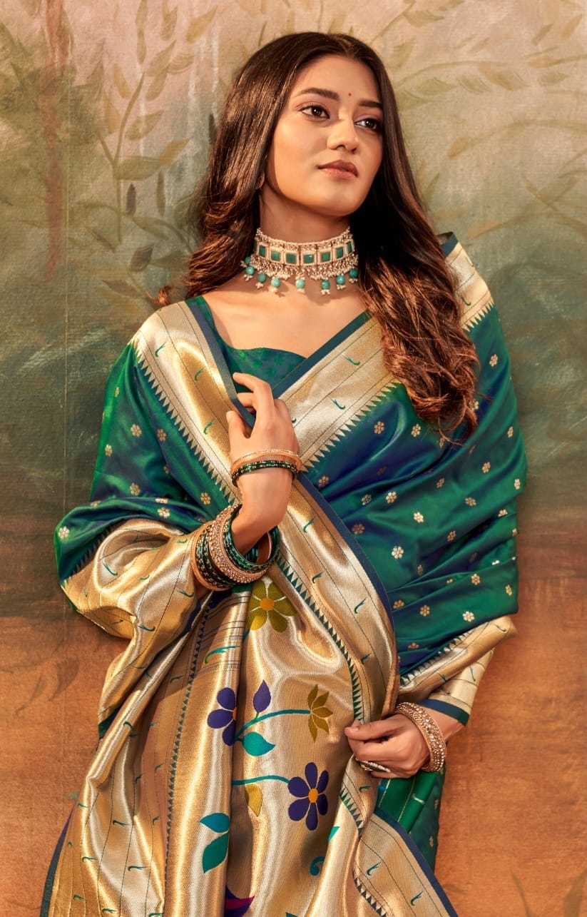 Lavanya Powerloom Paithani Silk Ready To Wear Pocket Saree | Emerald Green