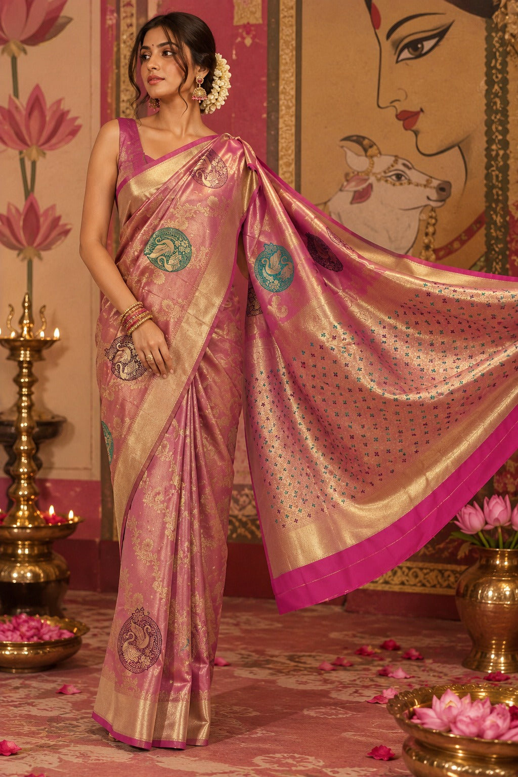 Full-length portrait of a model in a rose-pink Paithani silk ready-to-wear pocket saree, showing pre-stitched pleats, circular teal and plum swan motifs, a wide gold border, and a detailed pallu.
