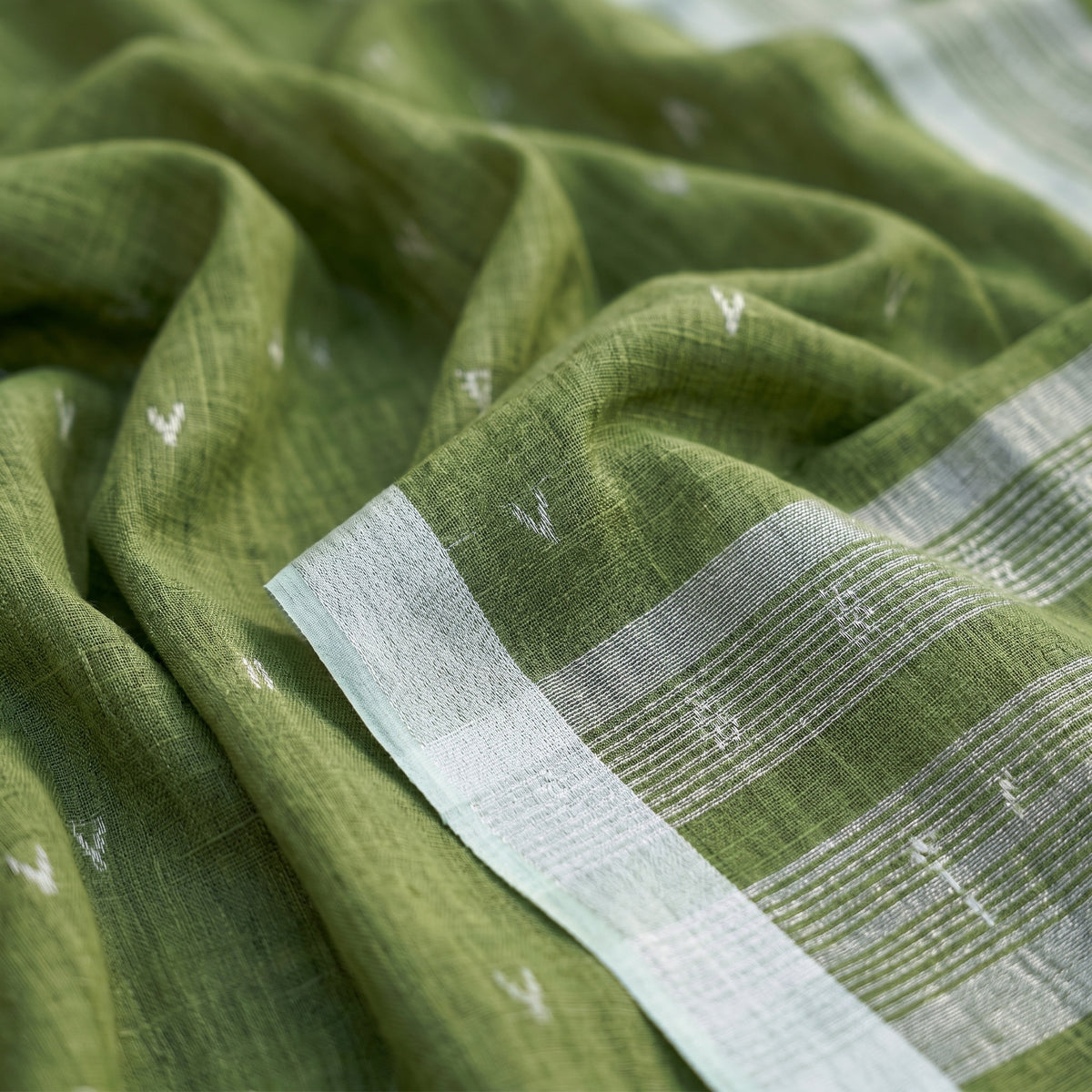 Drapedew Linen Cotton Ready To Wear Pocket Saree | Green