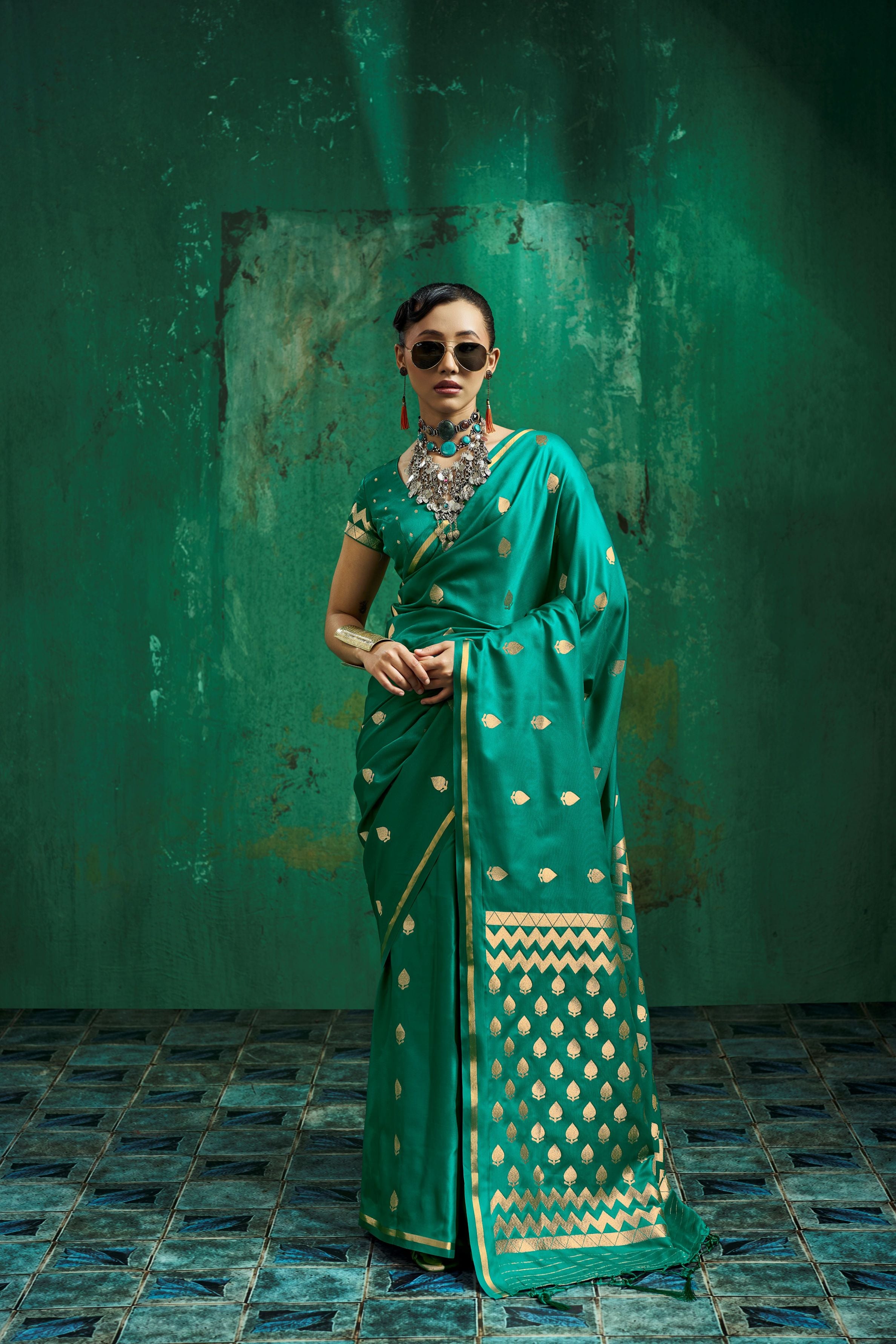 Satin Luxe (Teal Green) Ready To Wear Pocket Saree
