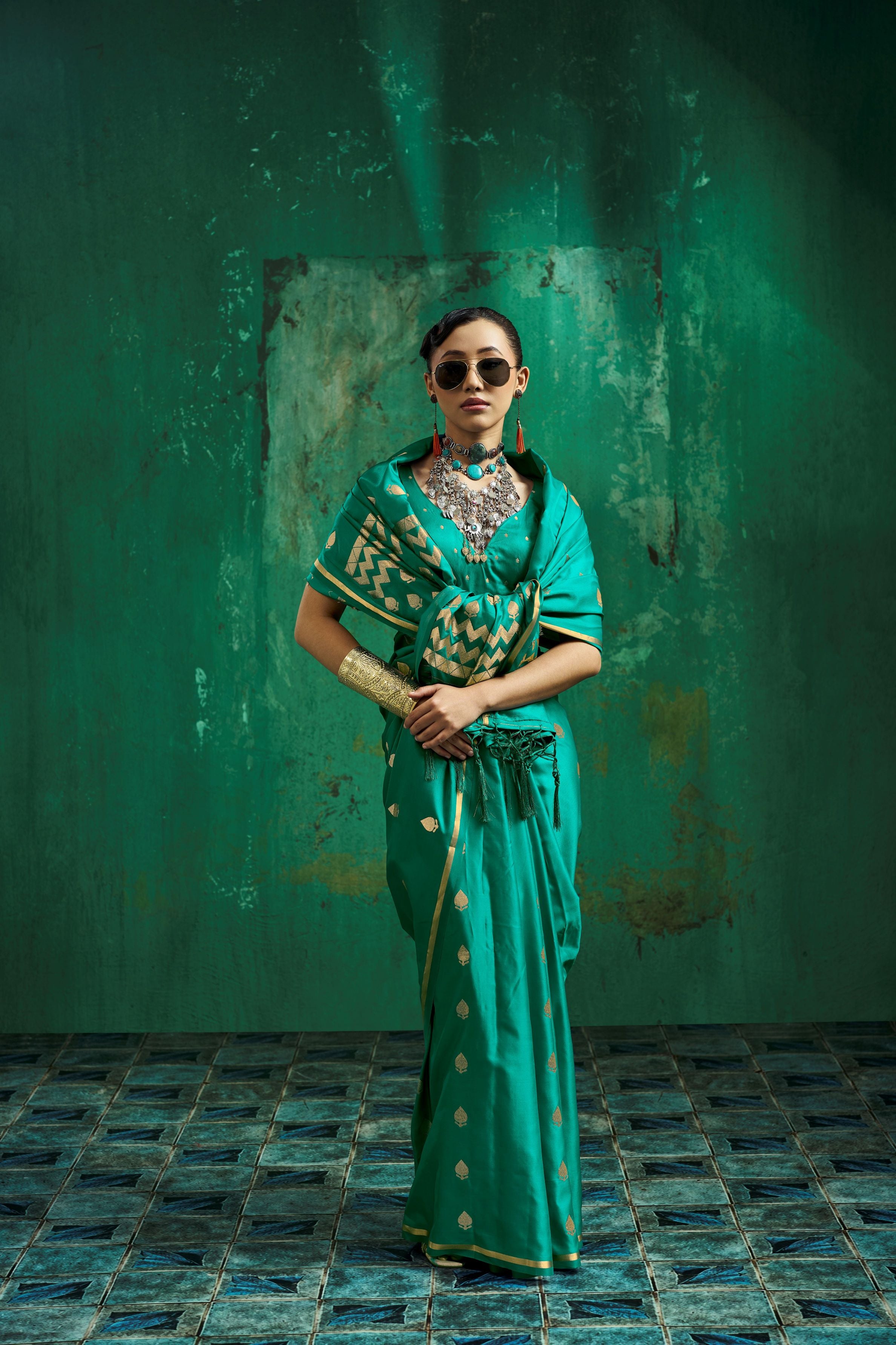 Satin Luxe (Teal Green) Ready To Wear Pocket Saree