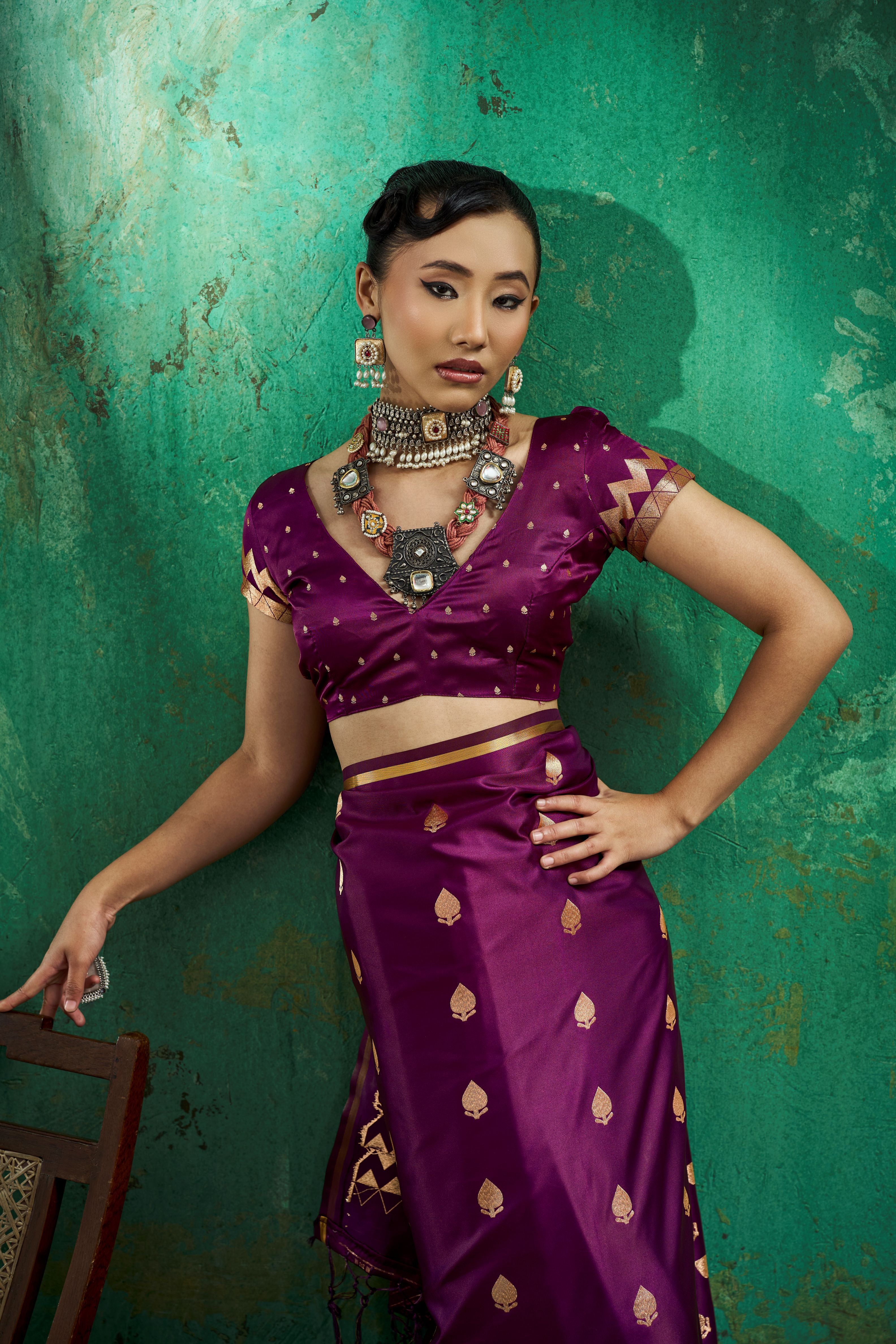Satin Luxe (Wine Purple) Ready To Wear Pocket Saree