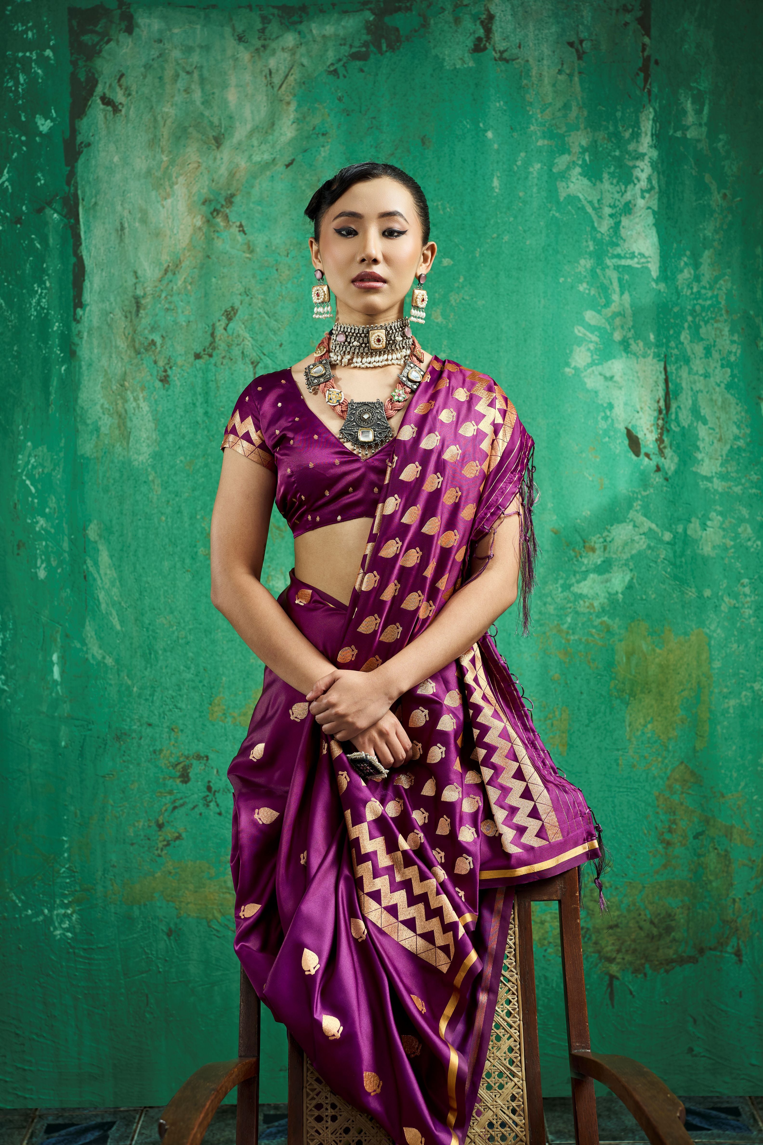 Satin Luxe (Wine Purple) Ready To Wear Pocket Saree