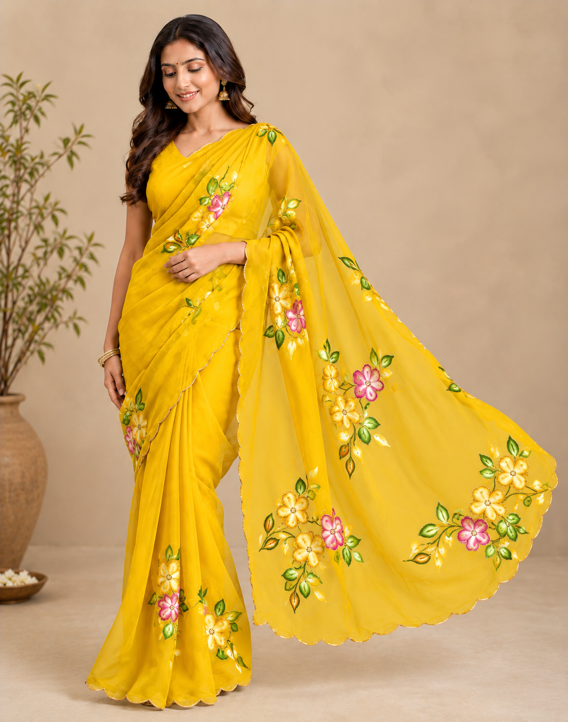 Front shot of the fresh floral grace ready to wear pocket saree in chiffon featuring floral prints.