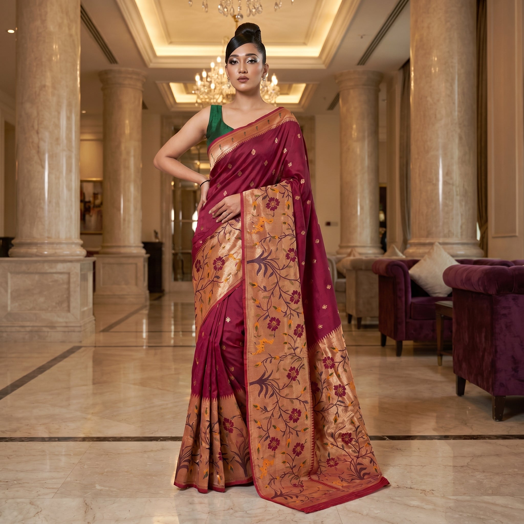 Shubh Shringar (Maroon) Powerloom Silk Ready To Wear Pocket Saree