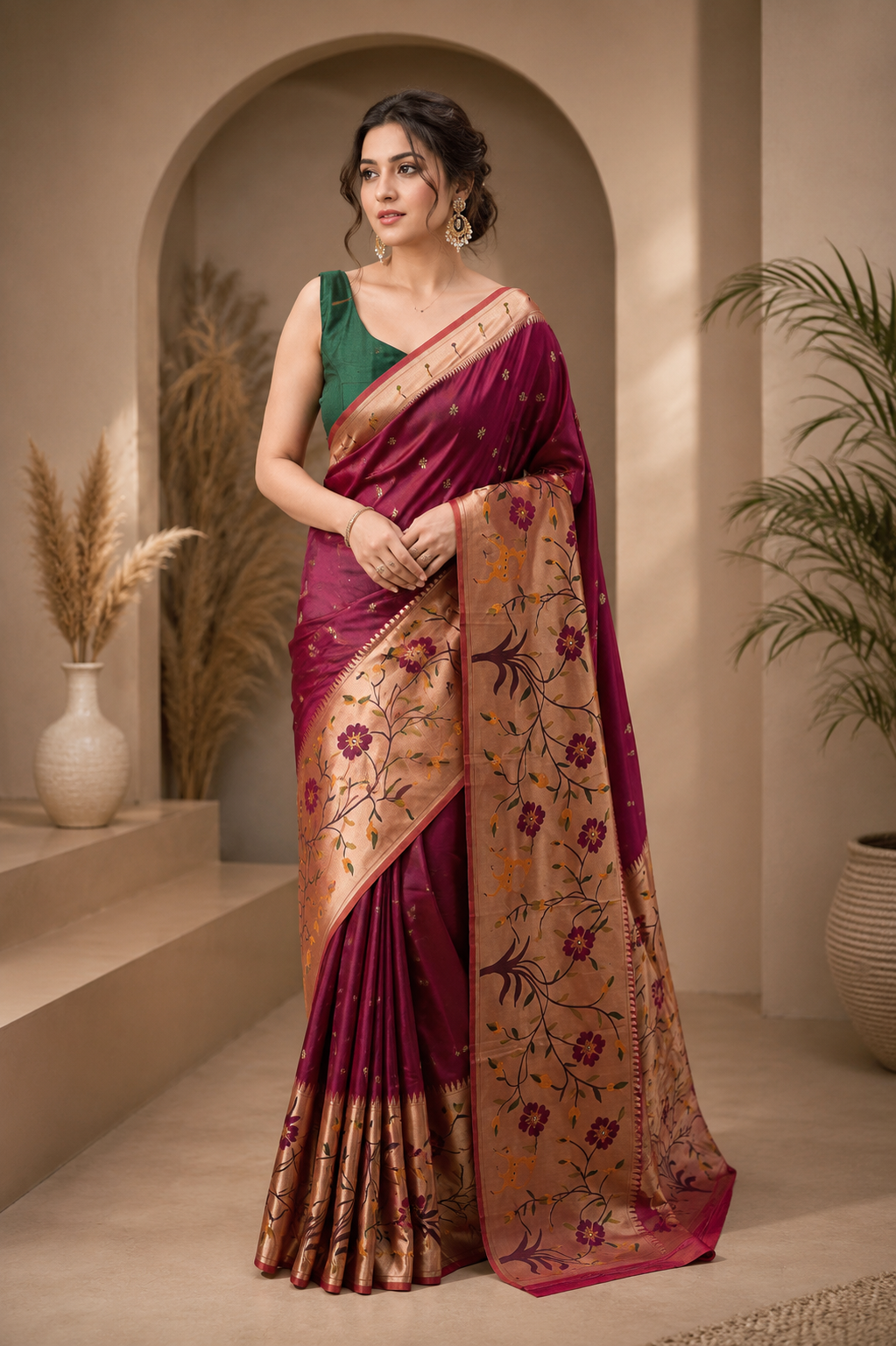 Shubh Shringar (Maroon) Powerloom Silk Ready To Wear Pocket Saree