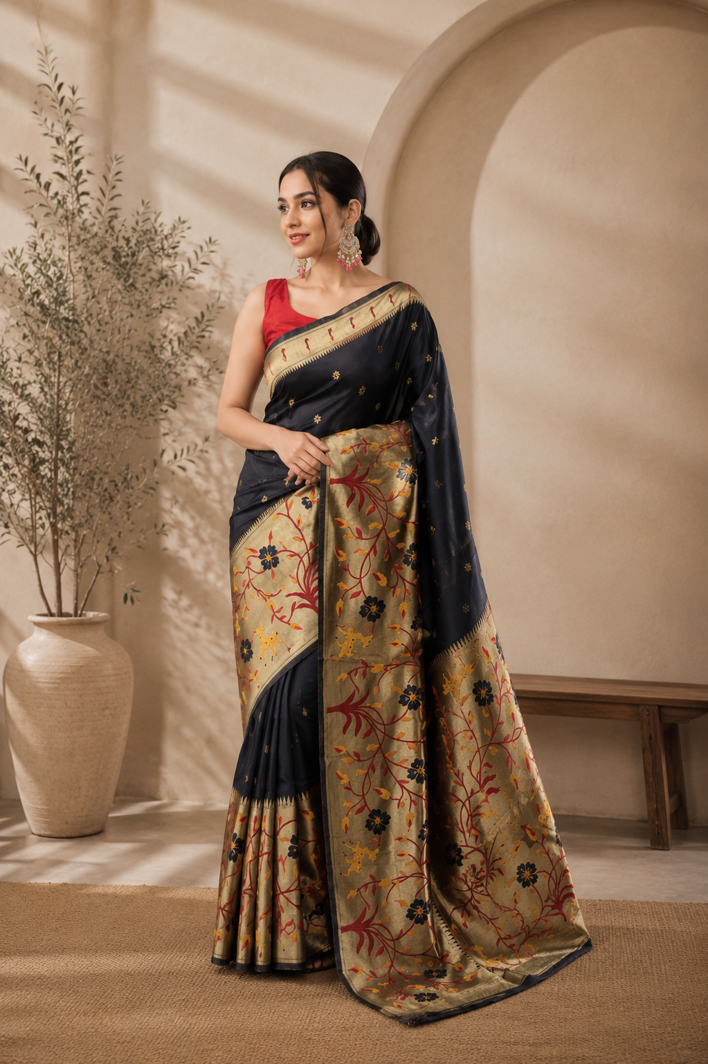 Shubh Shringar (Black) Powerloom Paithani Silk Ready To Wear Pocket Saree