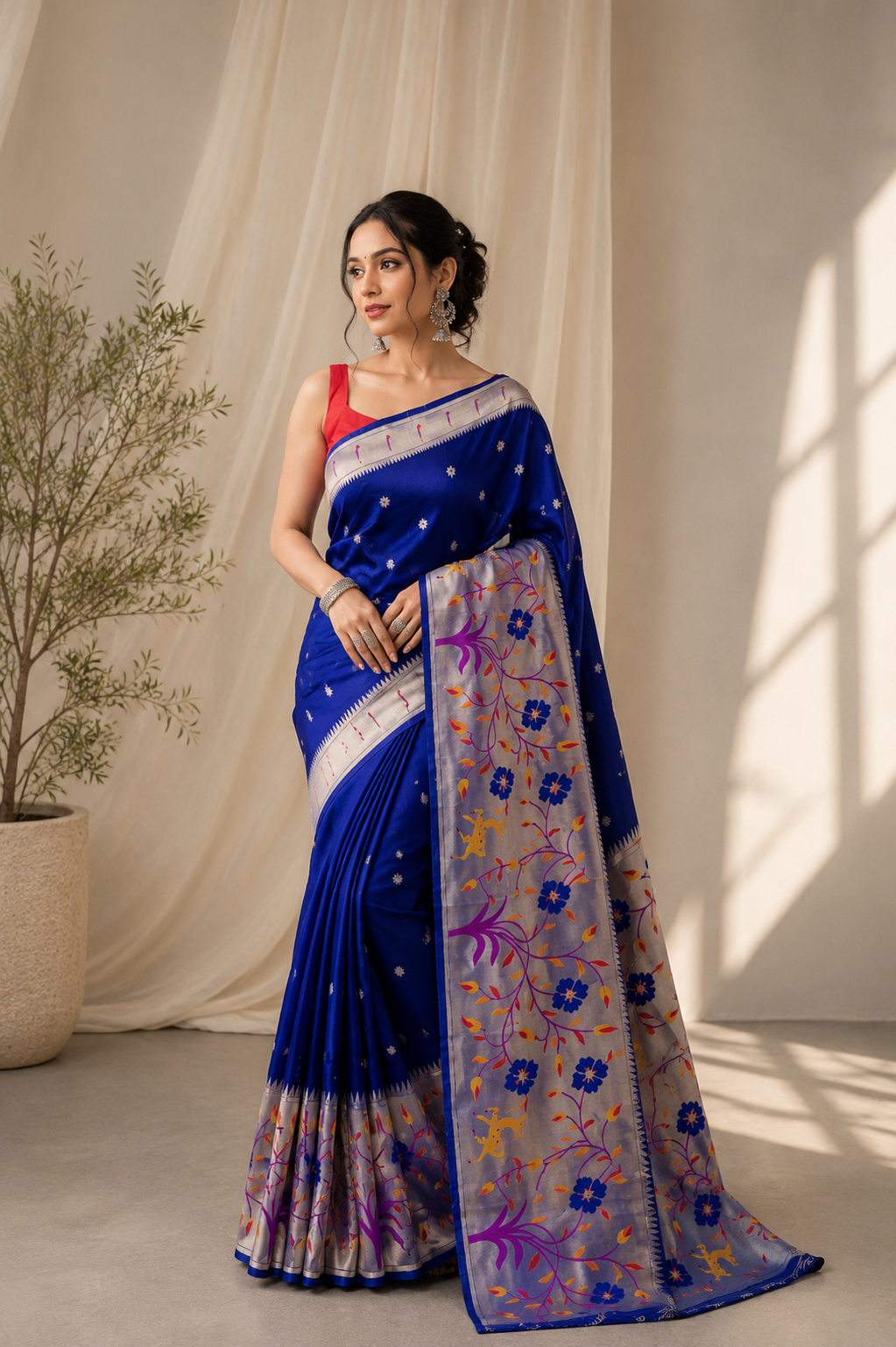 Shubh Shringar (Royal Blue) Powerloom Paithani Silk Ready To Wear Pocket Saree