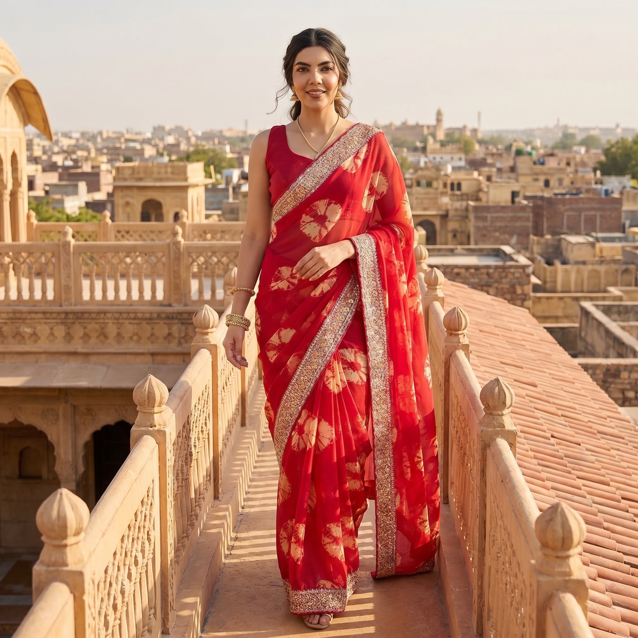 Georgette Bandhej (Red) Ready To Wear Pocket Saree
