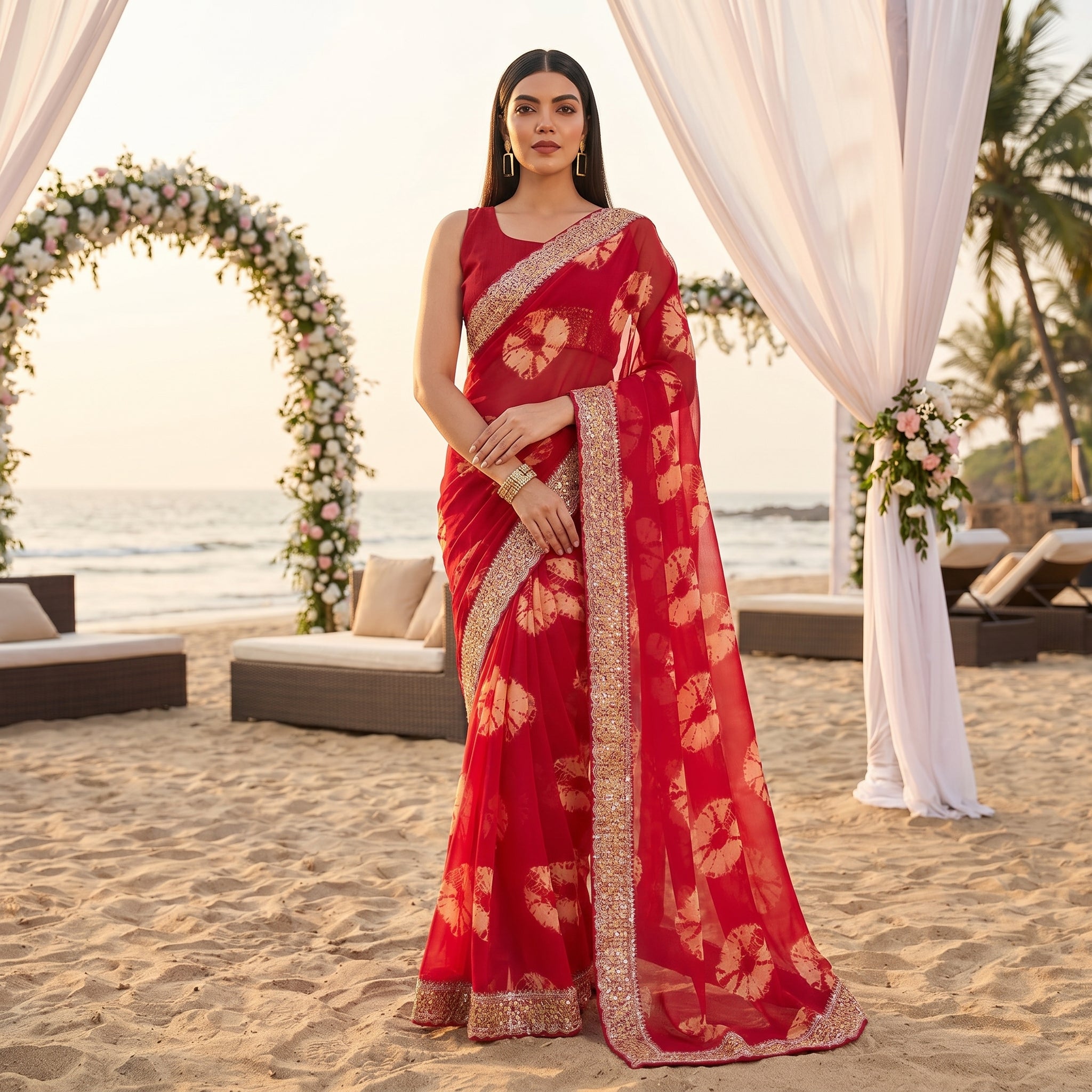Georgette Bandhej (Red) Ready To Wear Pocket Saree