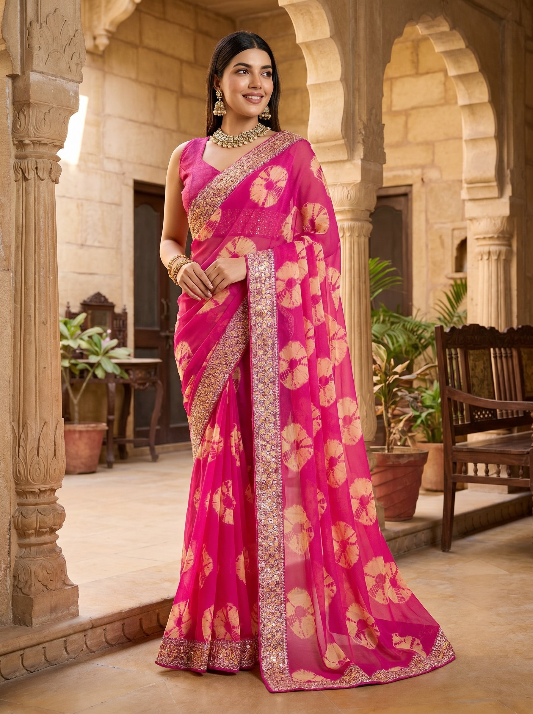 Georgette Bandhej (Pink) Ready To Wear Pocket Saree
