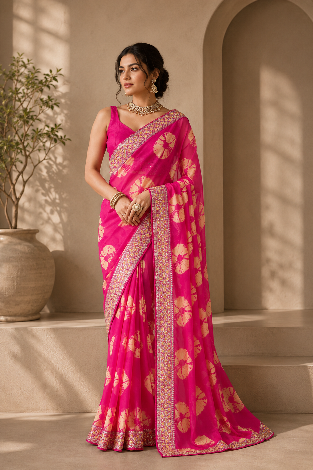 Georgette Bandhej (Pink) Ready To Wear Pocket Saree