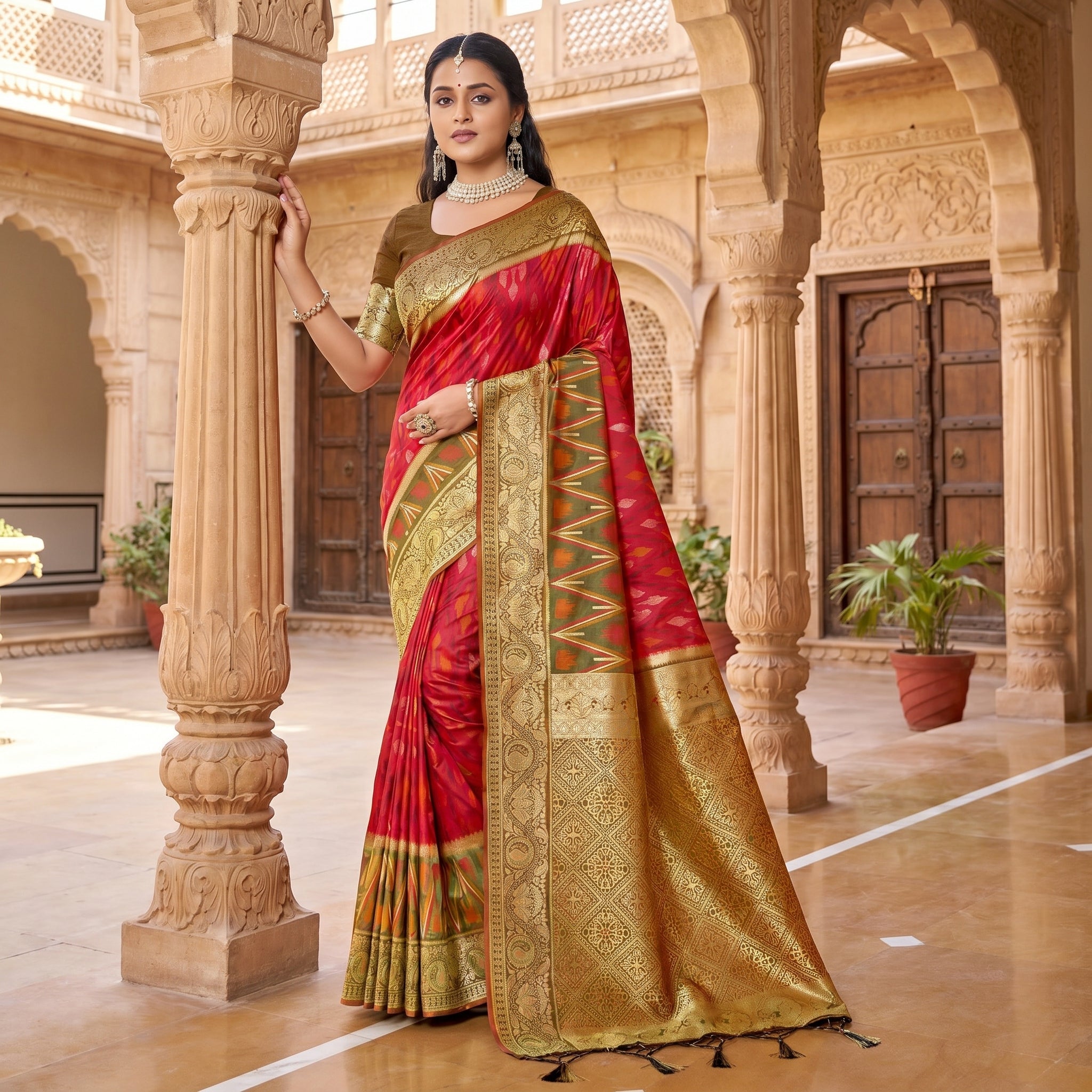 Crimson Ikat Powerloom Silk (D) Ready To Wear Pocket Saree