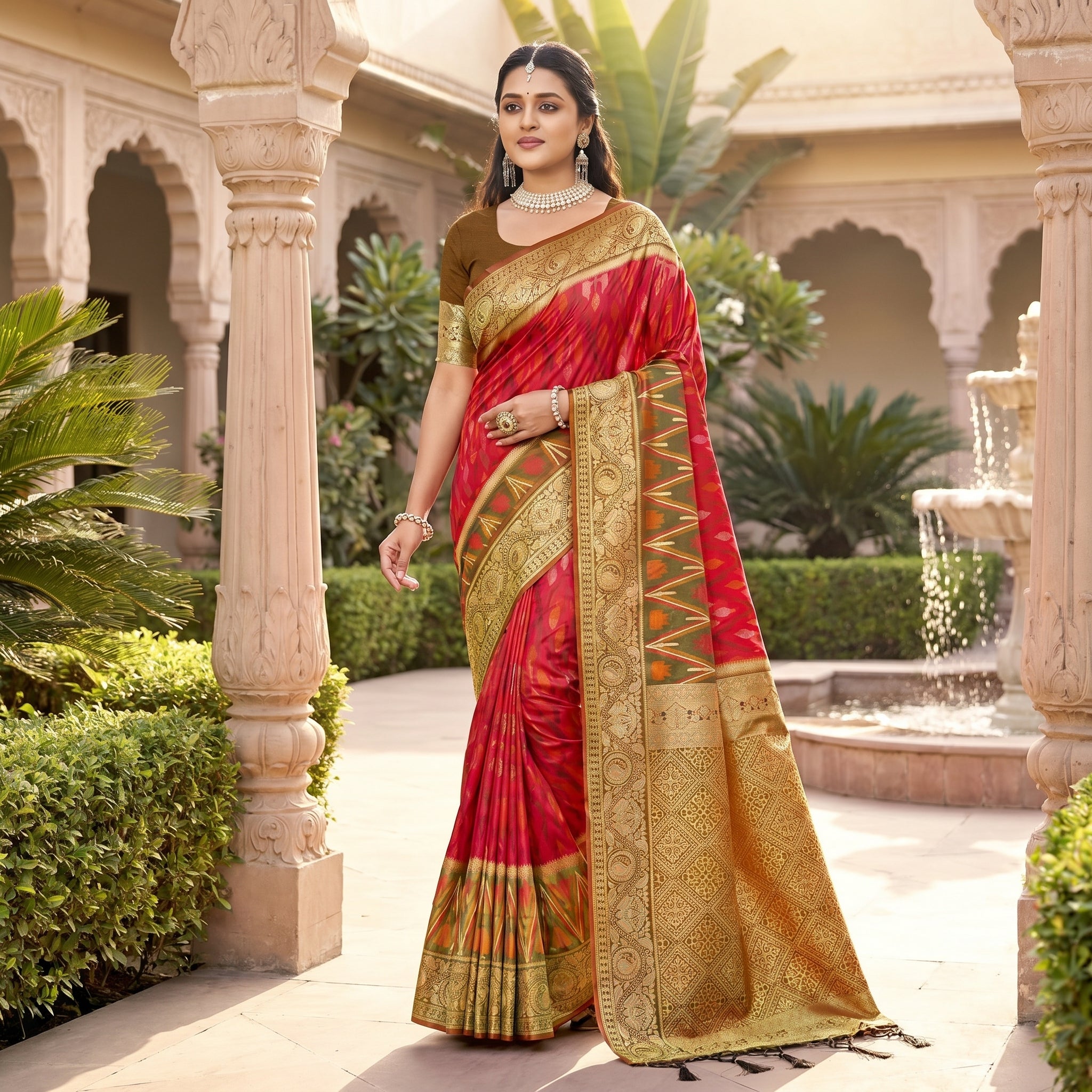 Crimson Ikat Powerloom Silk (D) Ready To Wear Pocket Saree