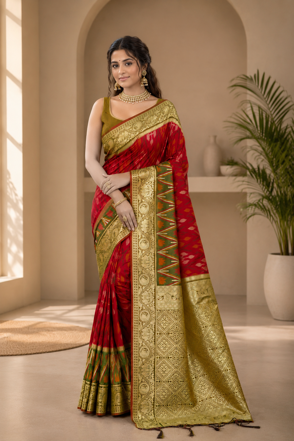 Crimson Ikat Powerloom Silk (D) Ready To Wear Pocket Saree