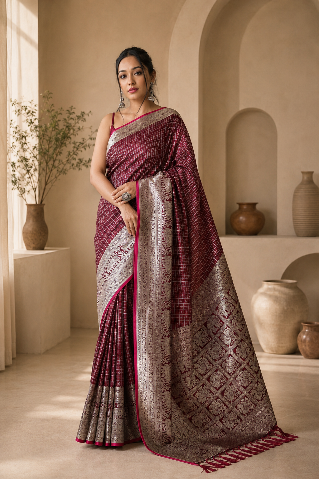 Royal Onyx Silk (Maroon) Ready To Wear Pocket Saree