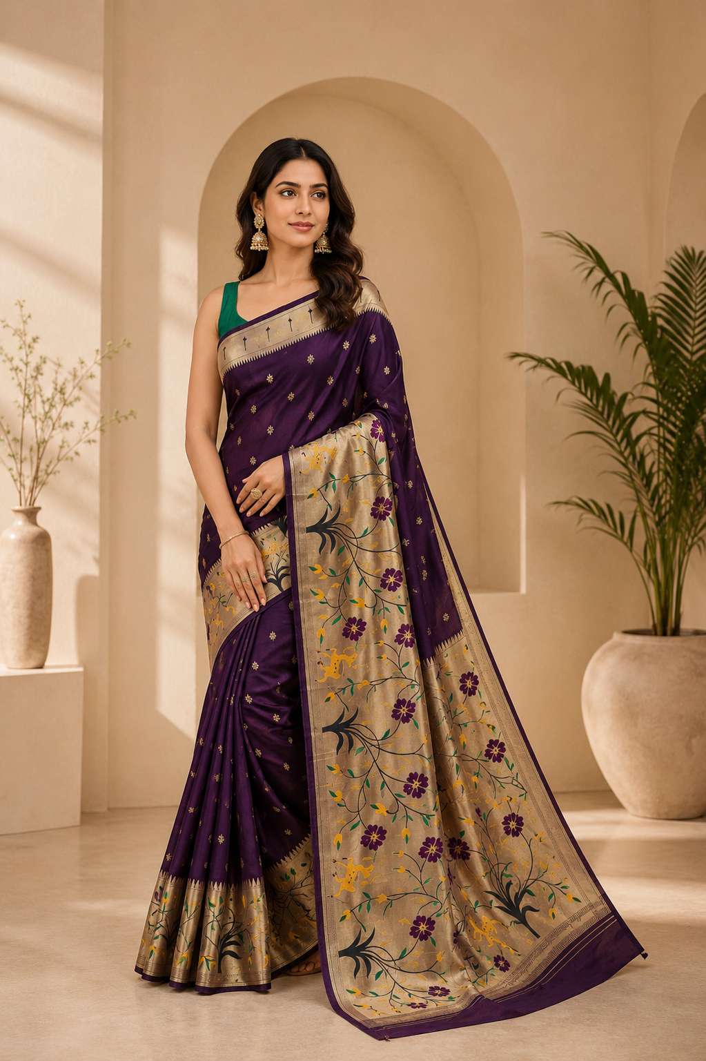 Shubh Shringar (Purple) Powerloom Paithani Silk Ready To Wear Pocket Saree