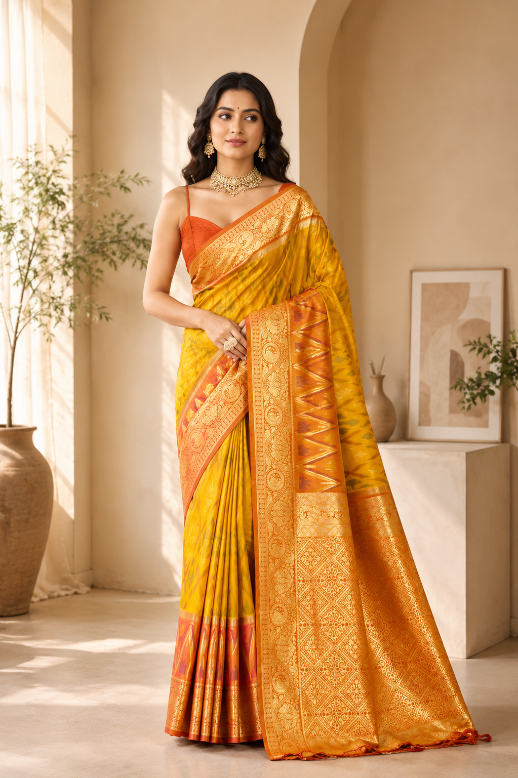 Crimson Ikat Powerloom Silk (B) Ready To Wear Pocket Saree