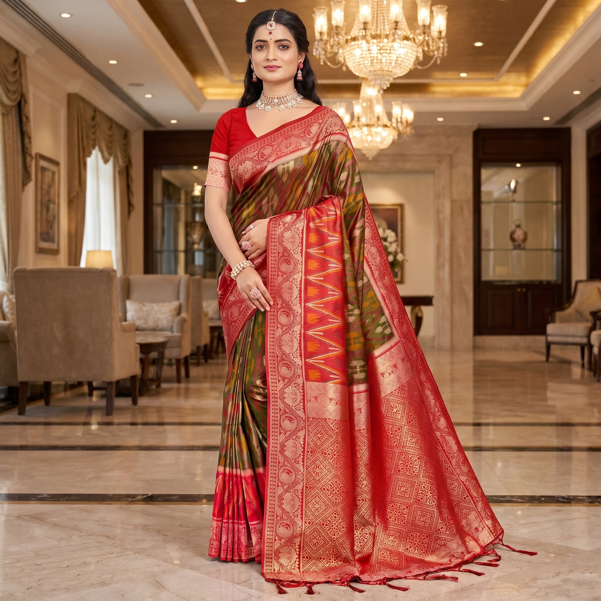 Crimson Ikat Powerloom Silk (A) Ready To Wear Pocket Saree