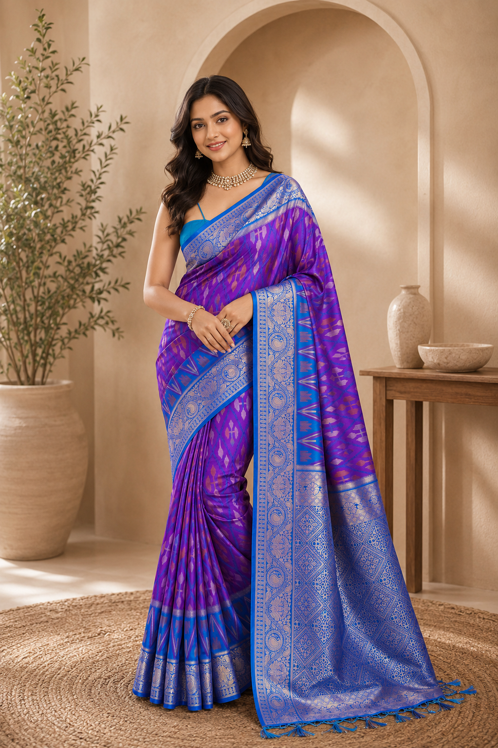 Crimson Ikat Powerloom Silk (E) Ready To Wear Pocket Saree