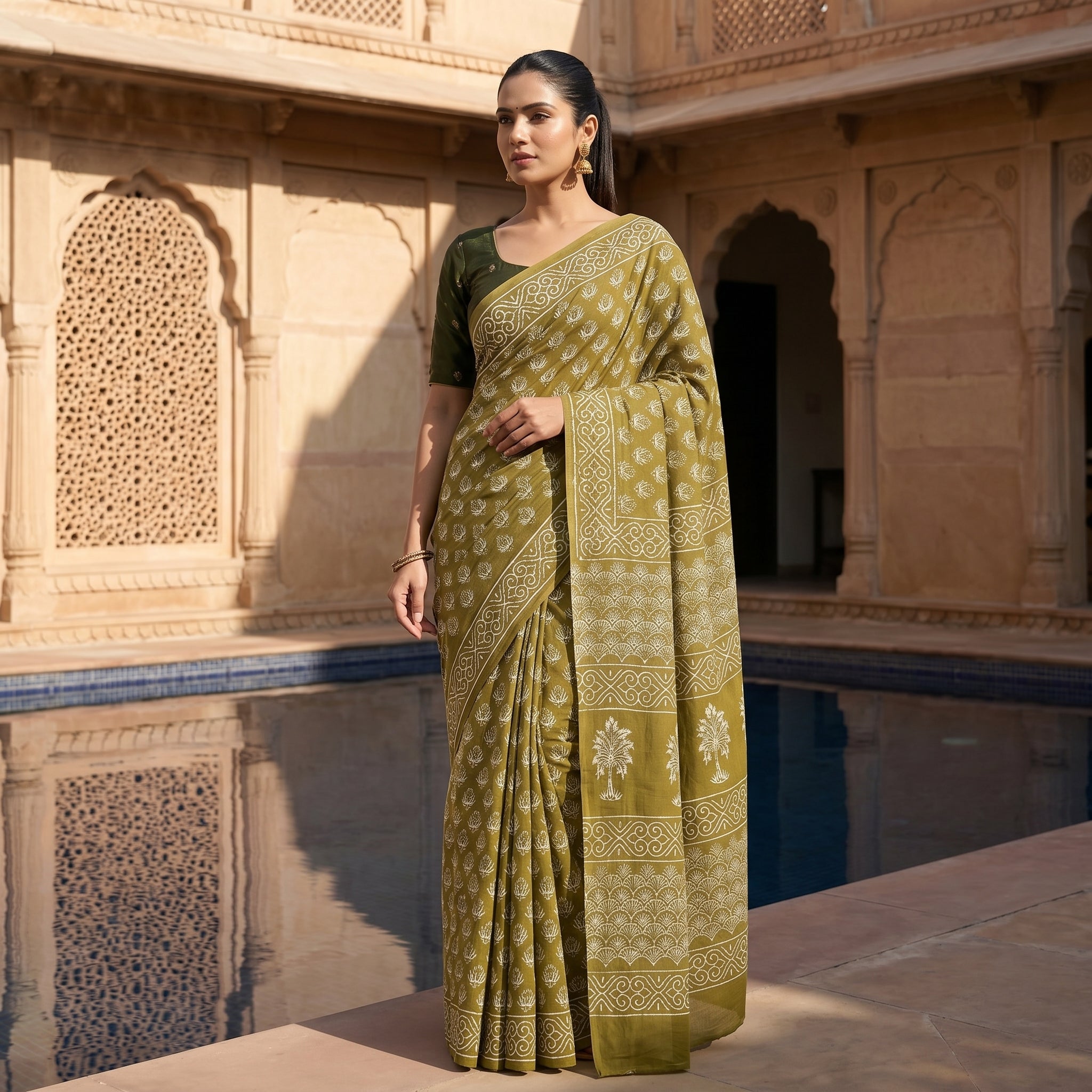 Mehandi Mood Mul Cotton Ready-To-Wear Pocket Saree