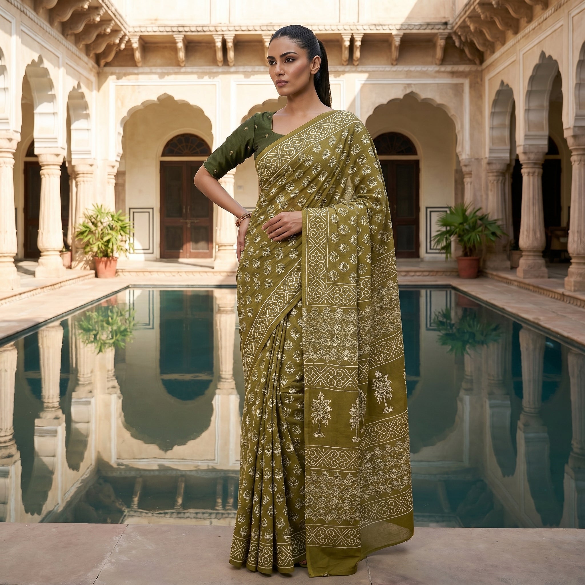 Mehandi Mood Mul Cotton Ready-To-Wear Pocket Saree