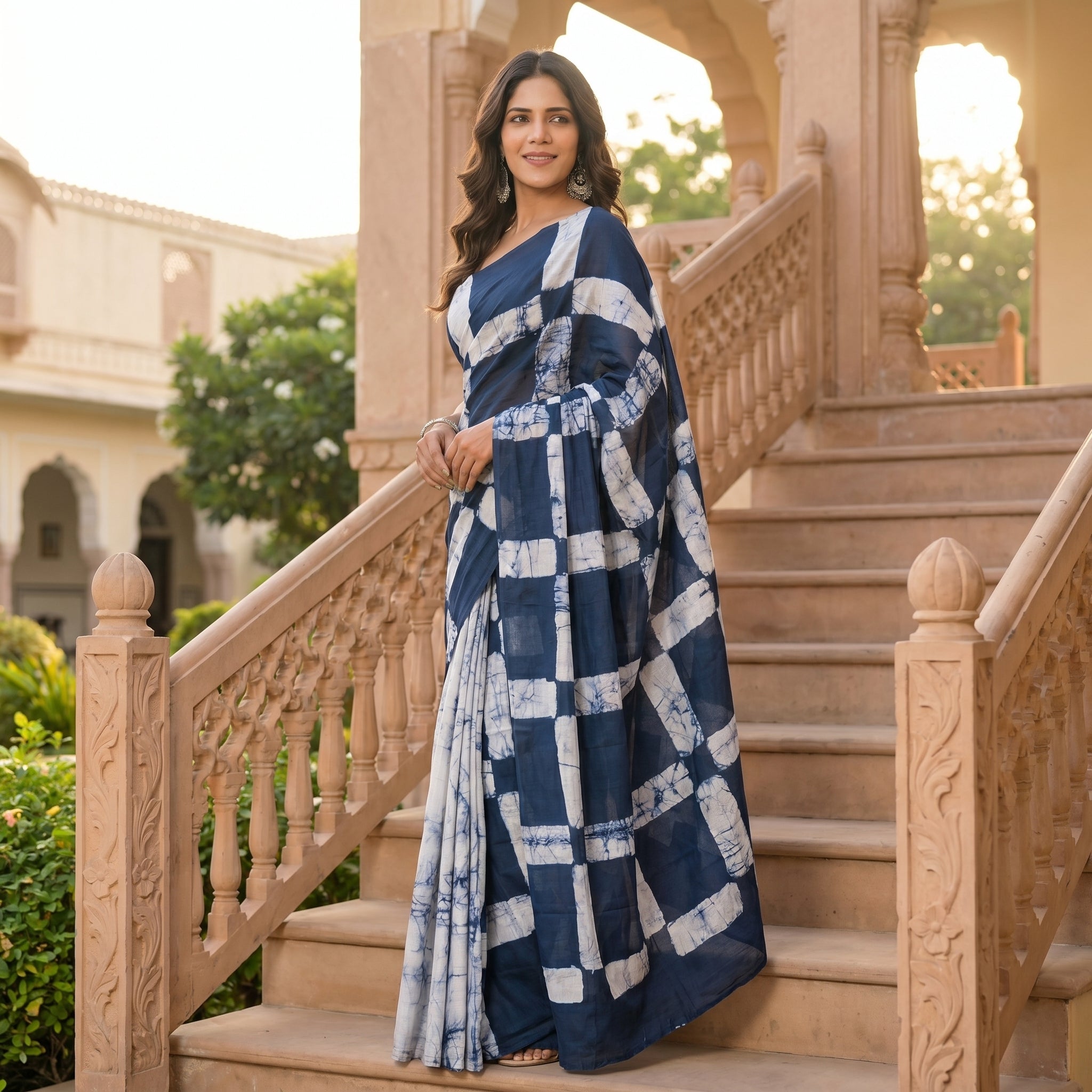 Navy Grid Mul Cotton Ready To Wear Pocket Saree