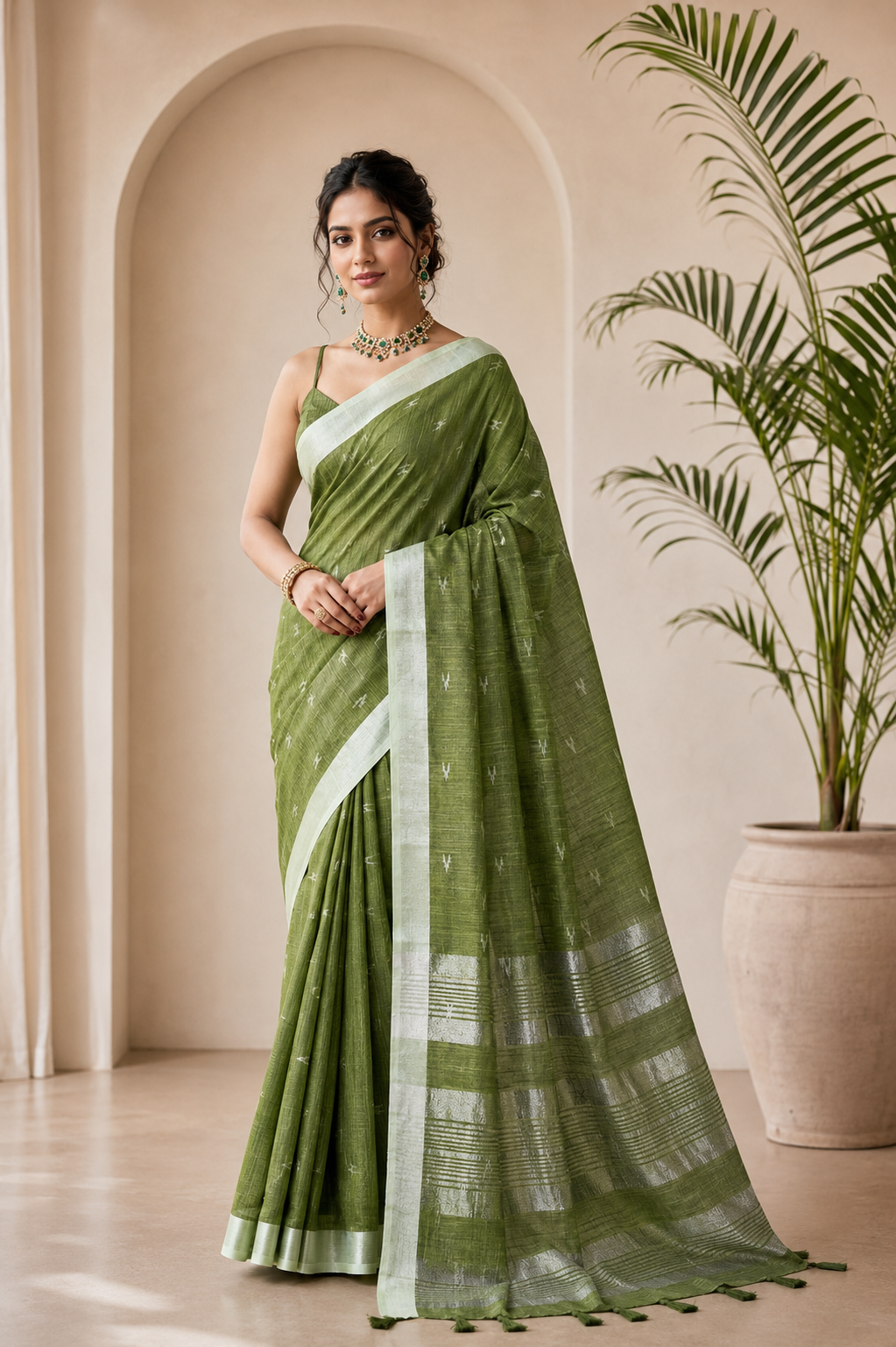 Drapedew Linen Cotton Ready To Wear Pocket Saree | Green