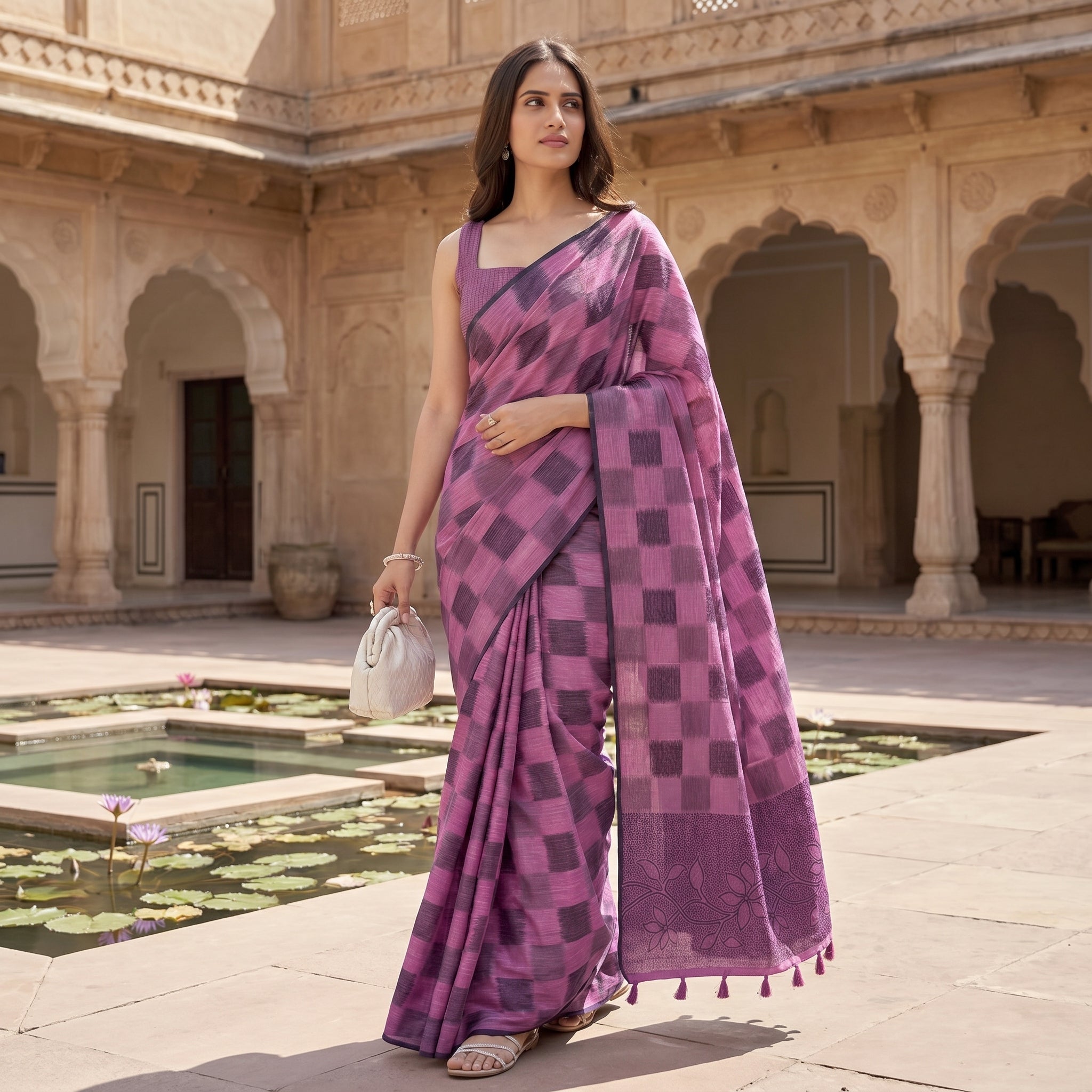 Floral Vine Linen Cotton (C) Ready To Wear Pocket Saree
