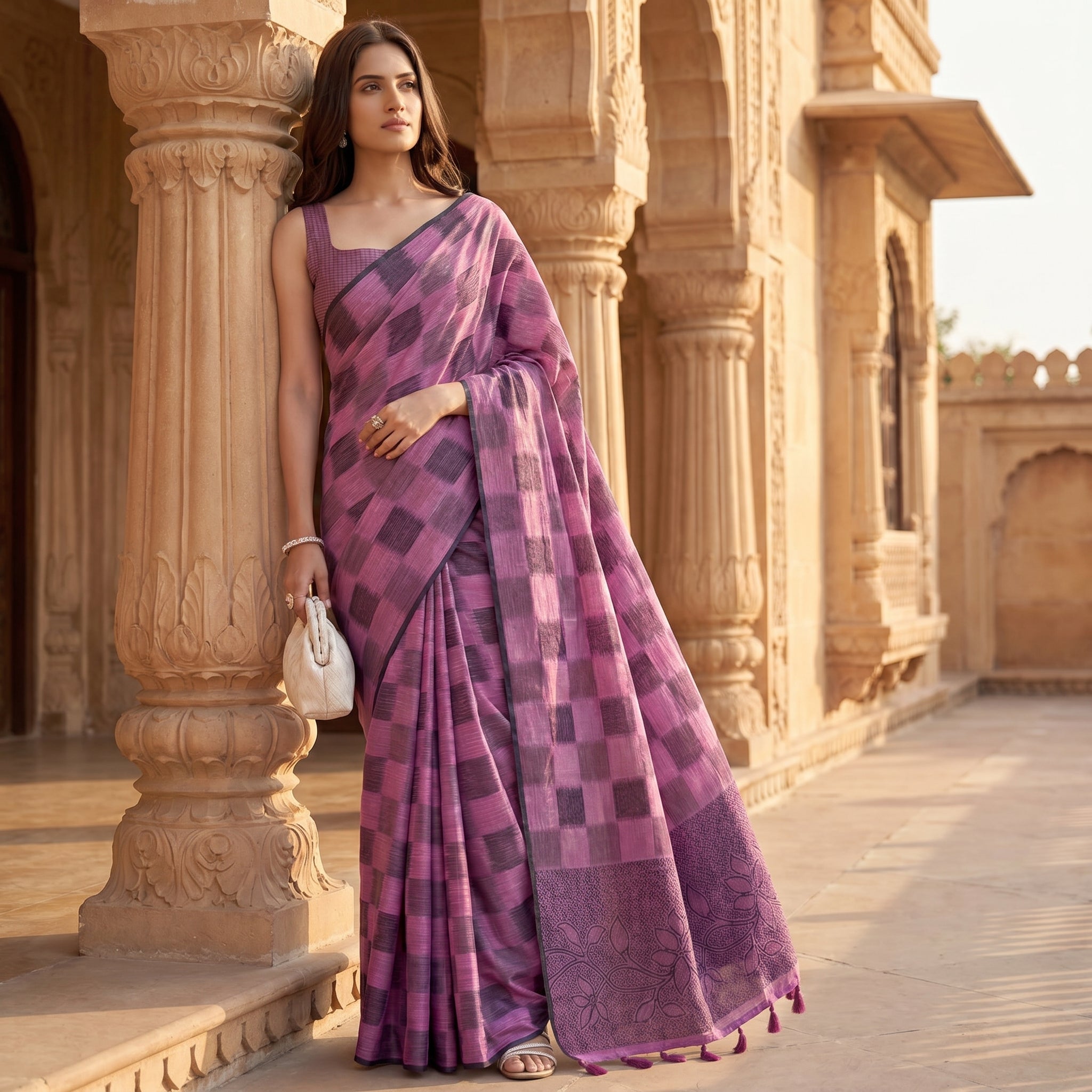 Floral Vine Linen Cotton (C) Ready To Wear Pocket Saree