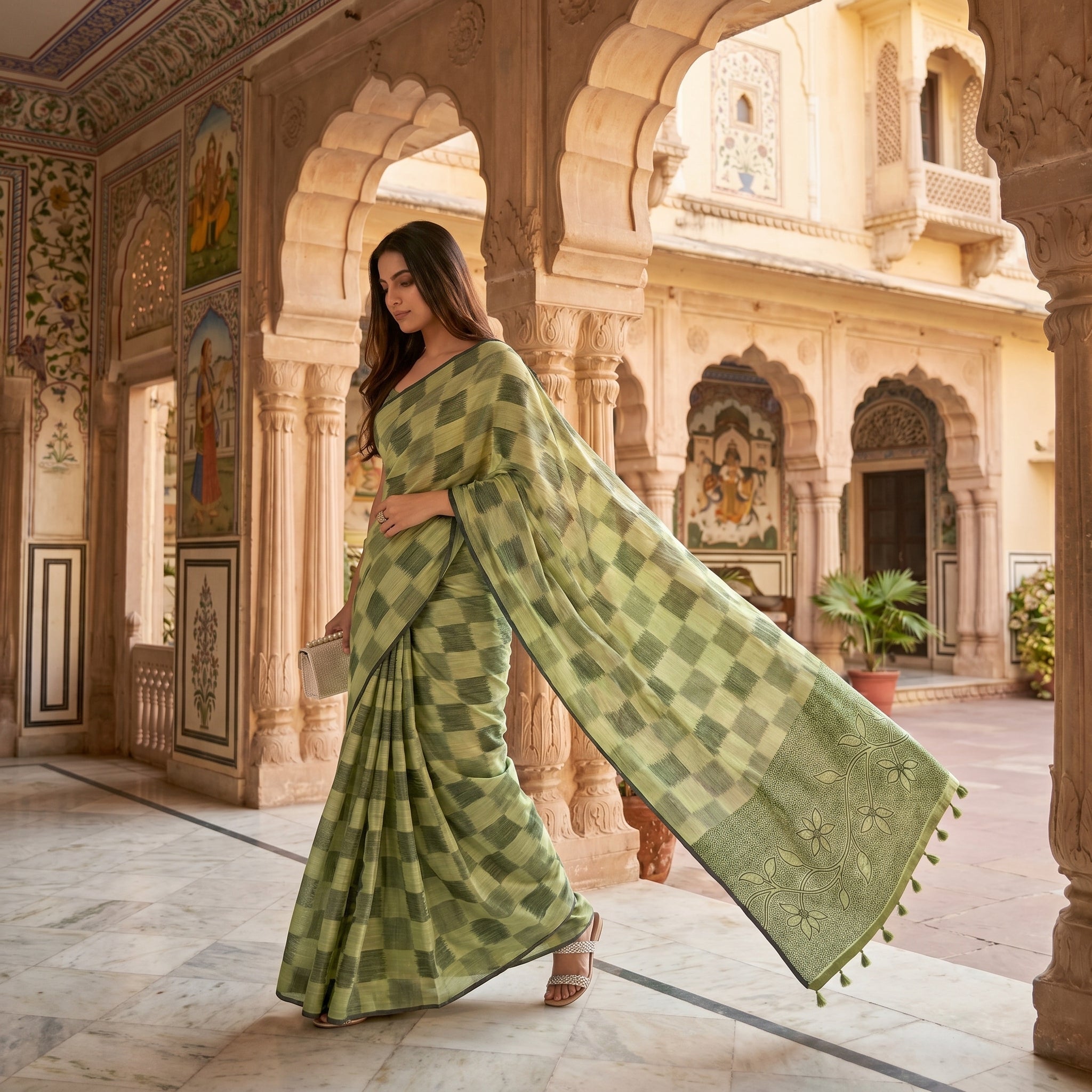Floral Vine Linen Cotton (B) Ready To Wear Pocket Saree