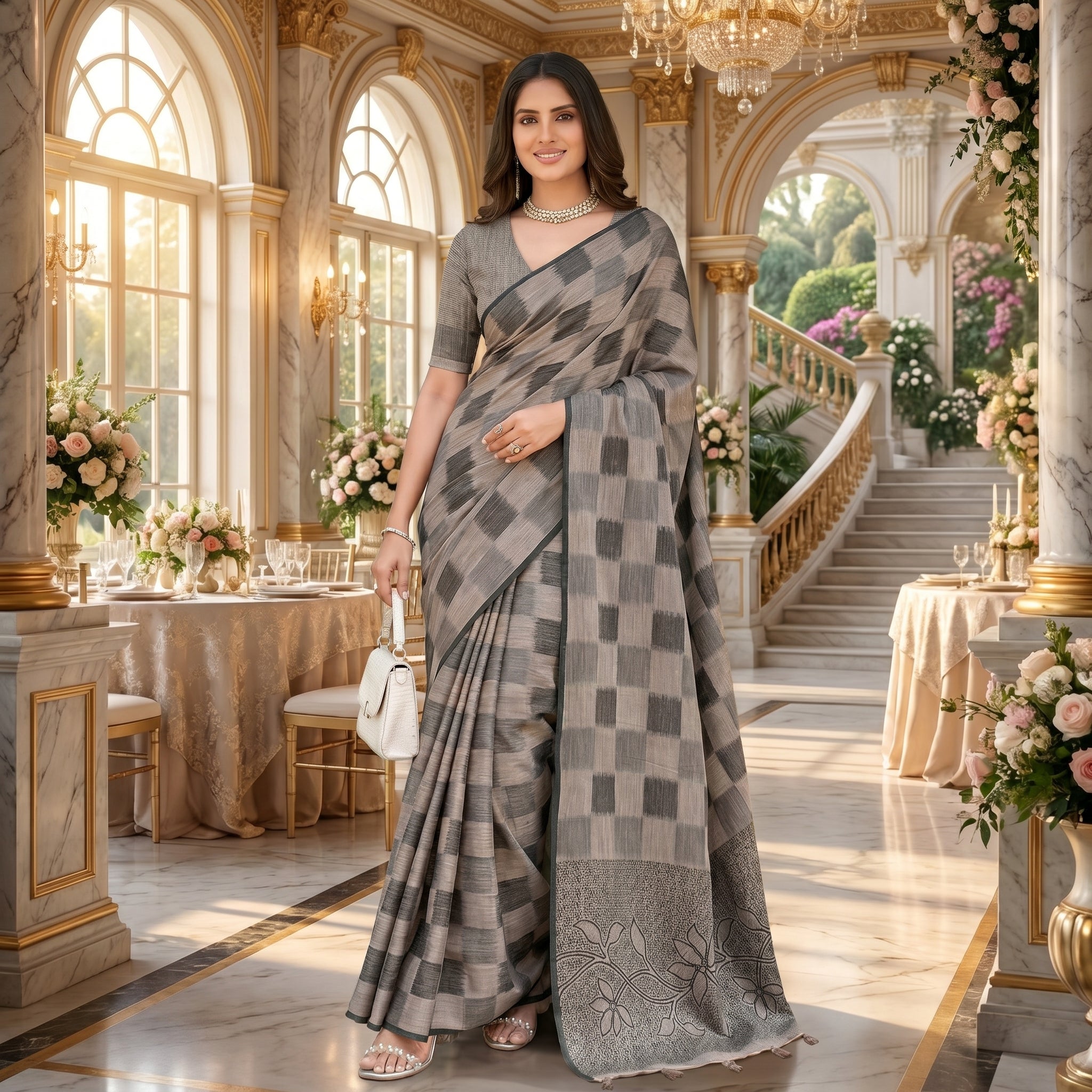 Floral Vine Linen Cotton (D) Ready To Wear Pocket Saree
