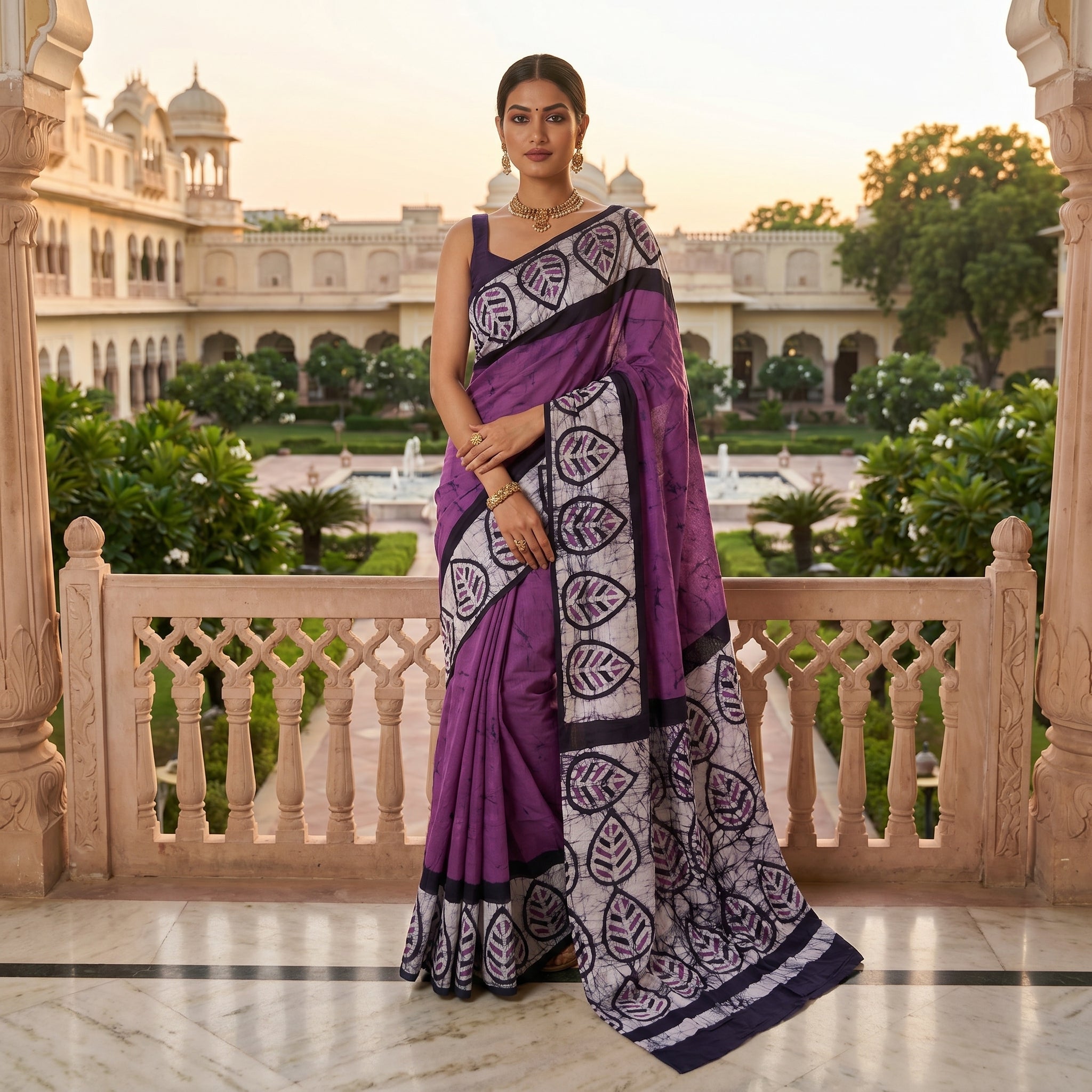 Leaf Mauve Mul Cotton Ready-To-Wear Pocket Saree