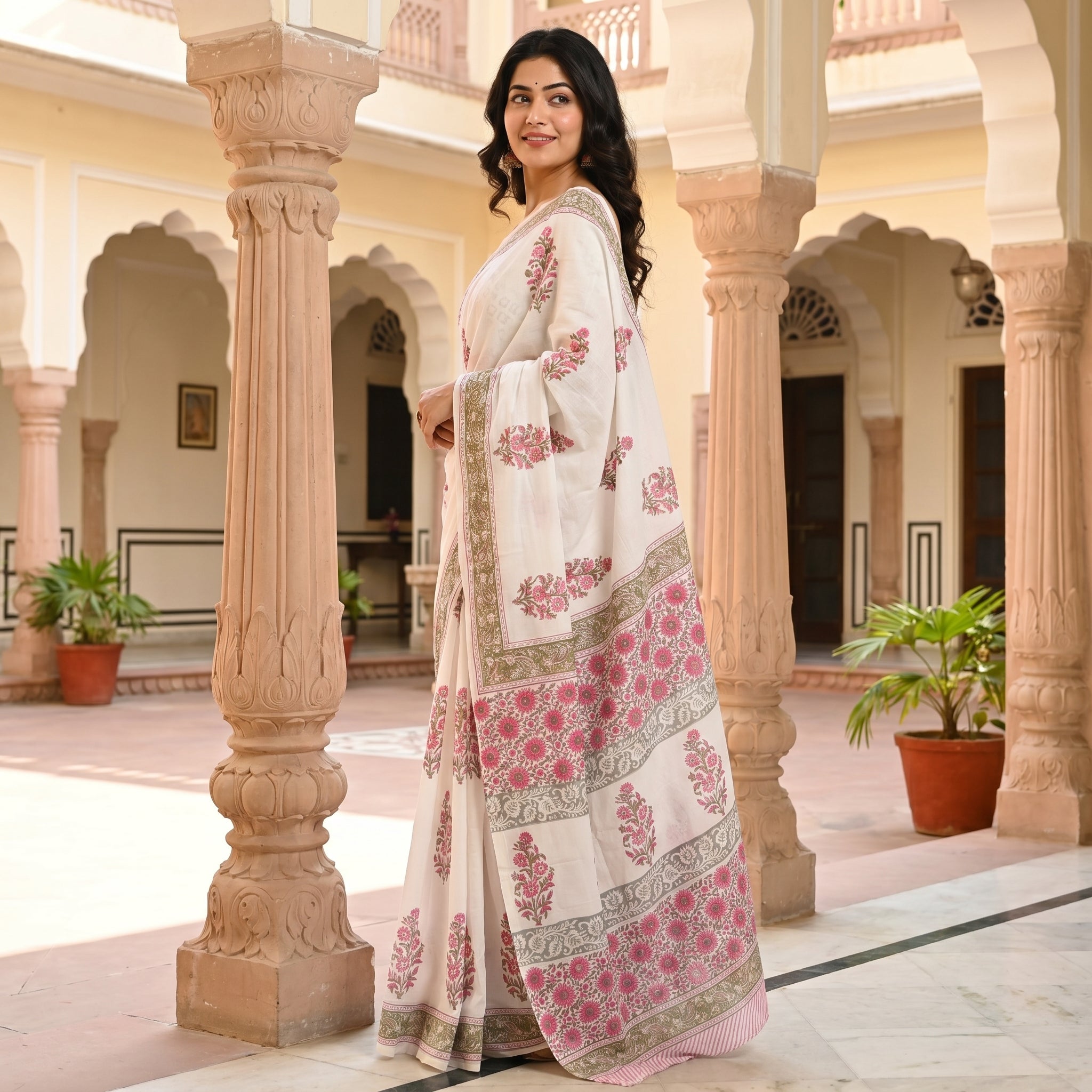 Ivory Blossom Mul Cotton Ready To Wear Pocket Saree
