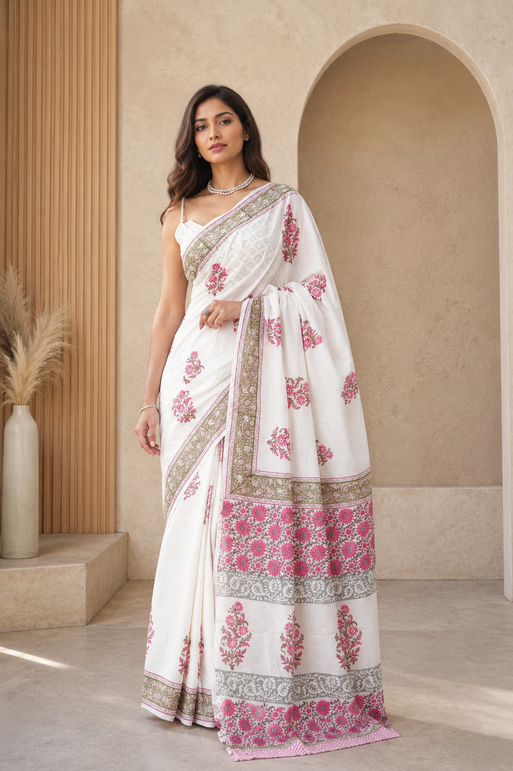 Ivory Blossom Mul Cotton Ready To Wear Pocket Saree