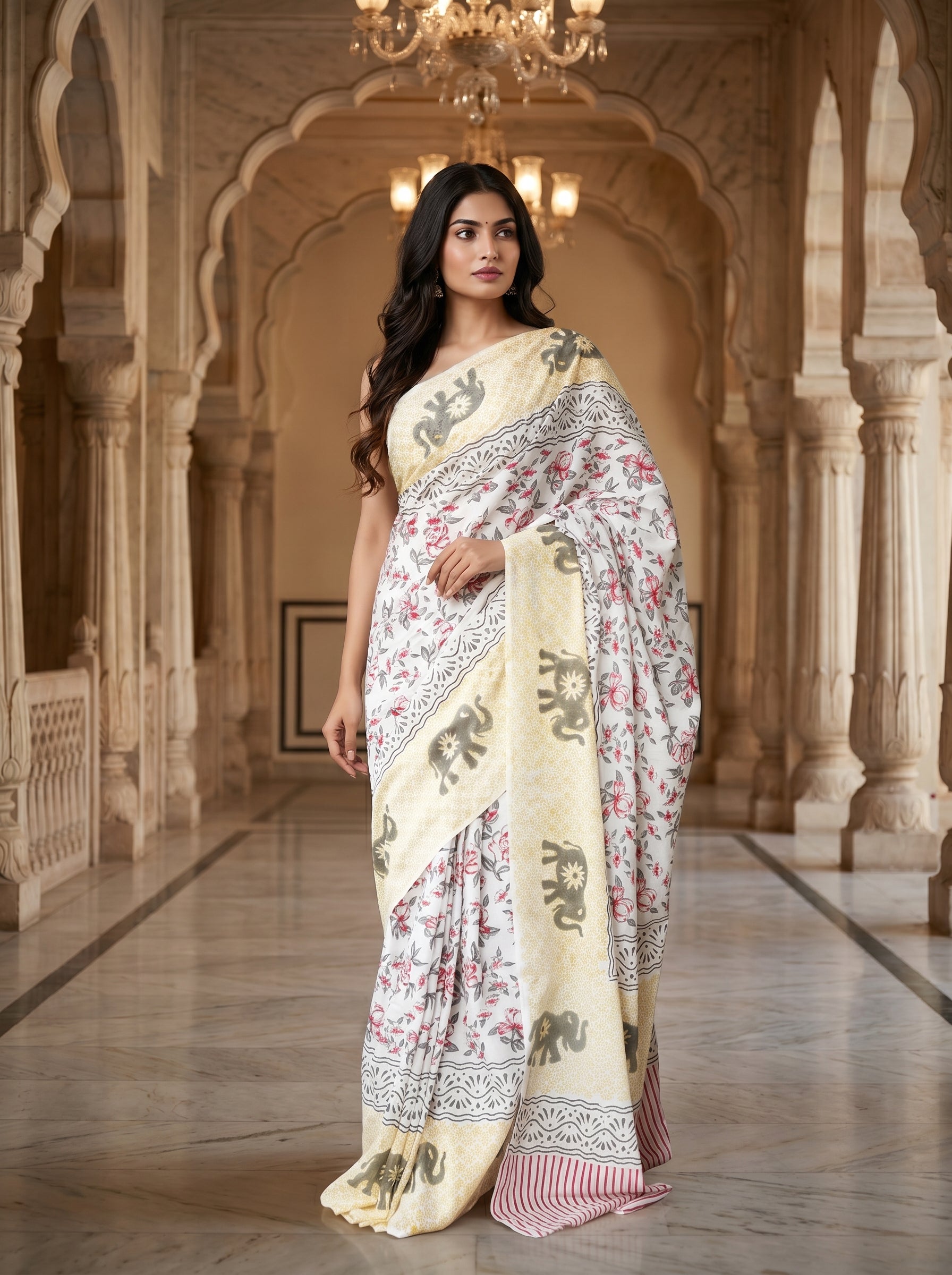 Olive Elephant Mul Cotton Ready To Wear Pocket Saree