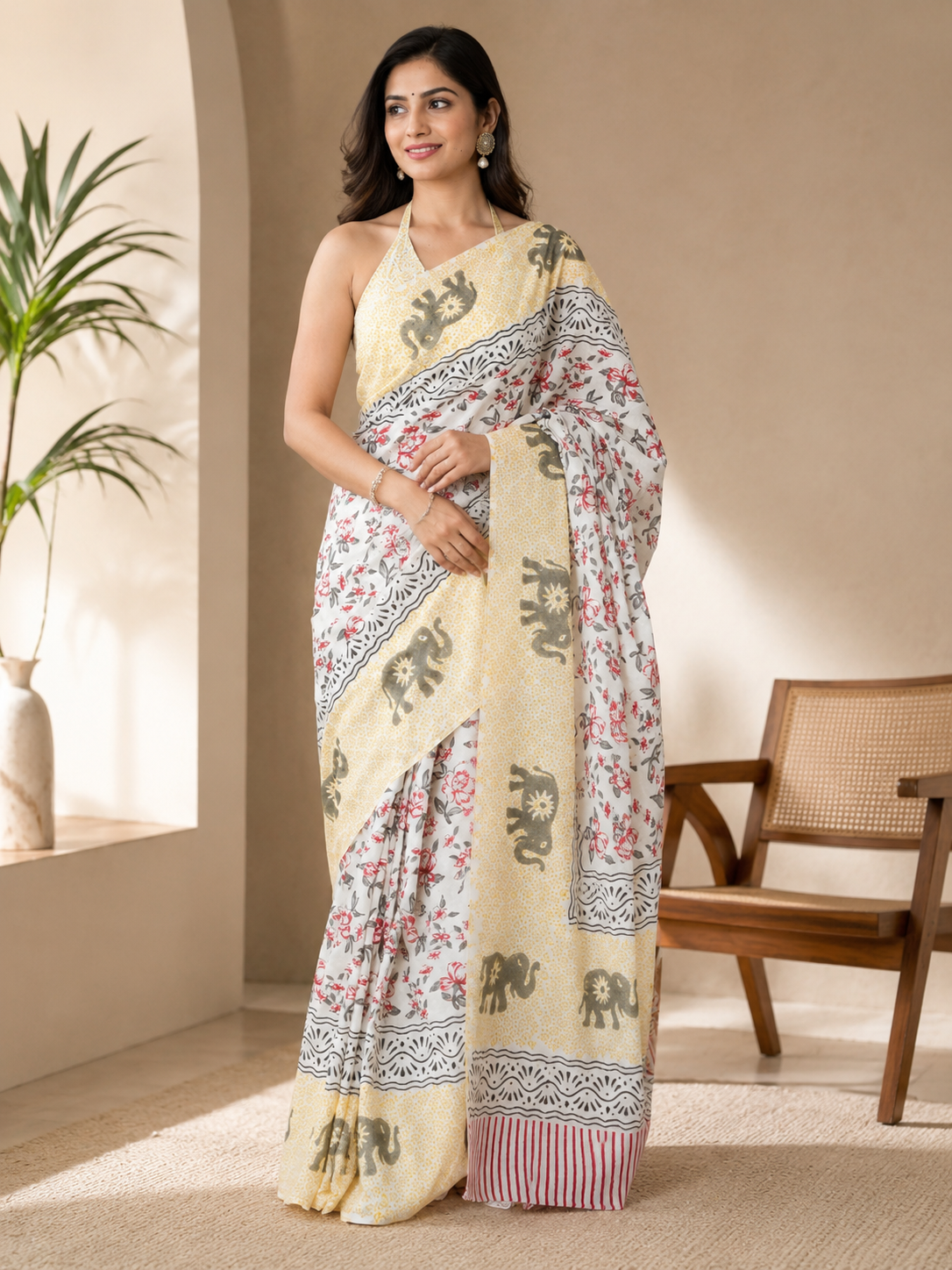Olive Elephant Mul Cotton Ready To Wear Pocket Saree