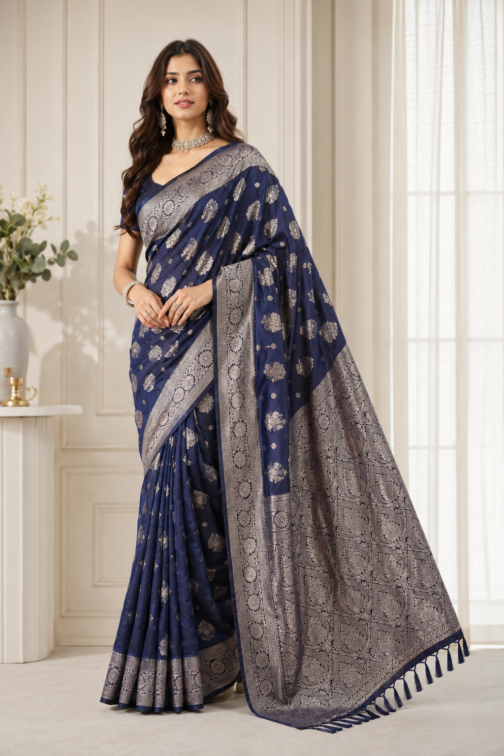 Silkspell Navy Blue Ready To Wear Pocket Saree