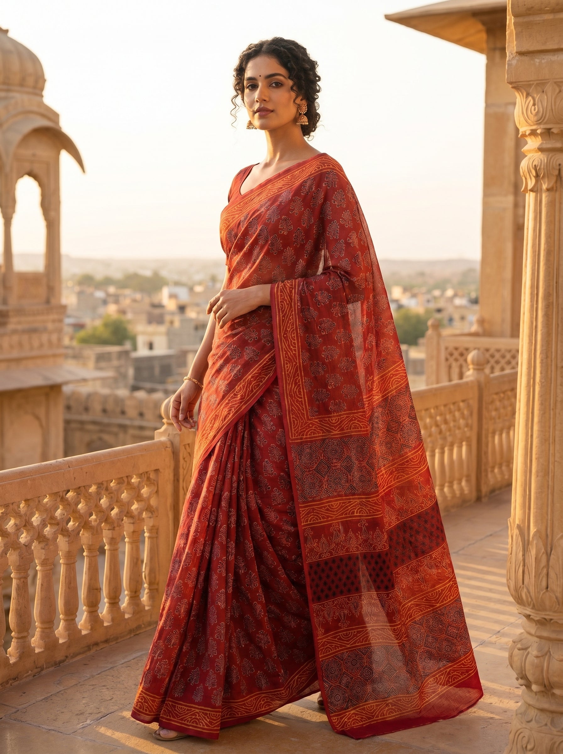 Rhubarb Red Hand Block Print Ready-to-Wear Pocket Saree
