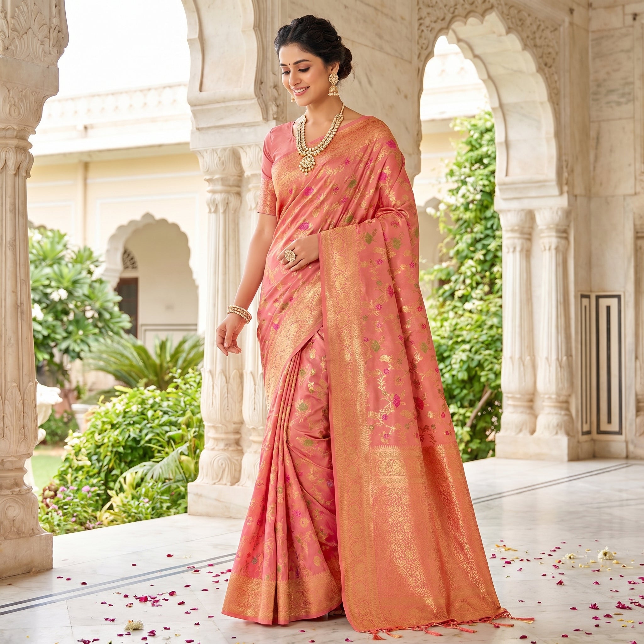 Eternal Flora Banarasi Silk (Peach) Ready To Wear Pocket Saree