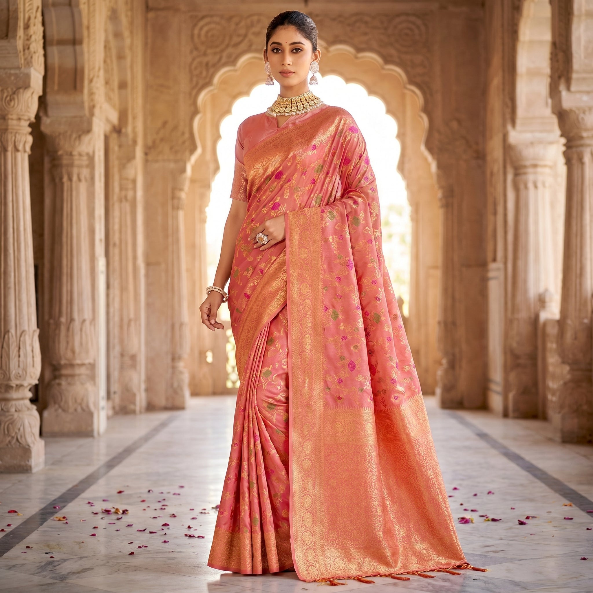 Eternal Flora Banarasi Silk (Peach) Ready To Wear Pocket Saree